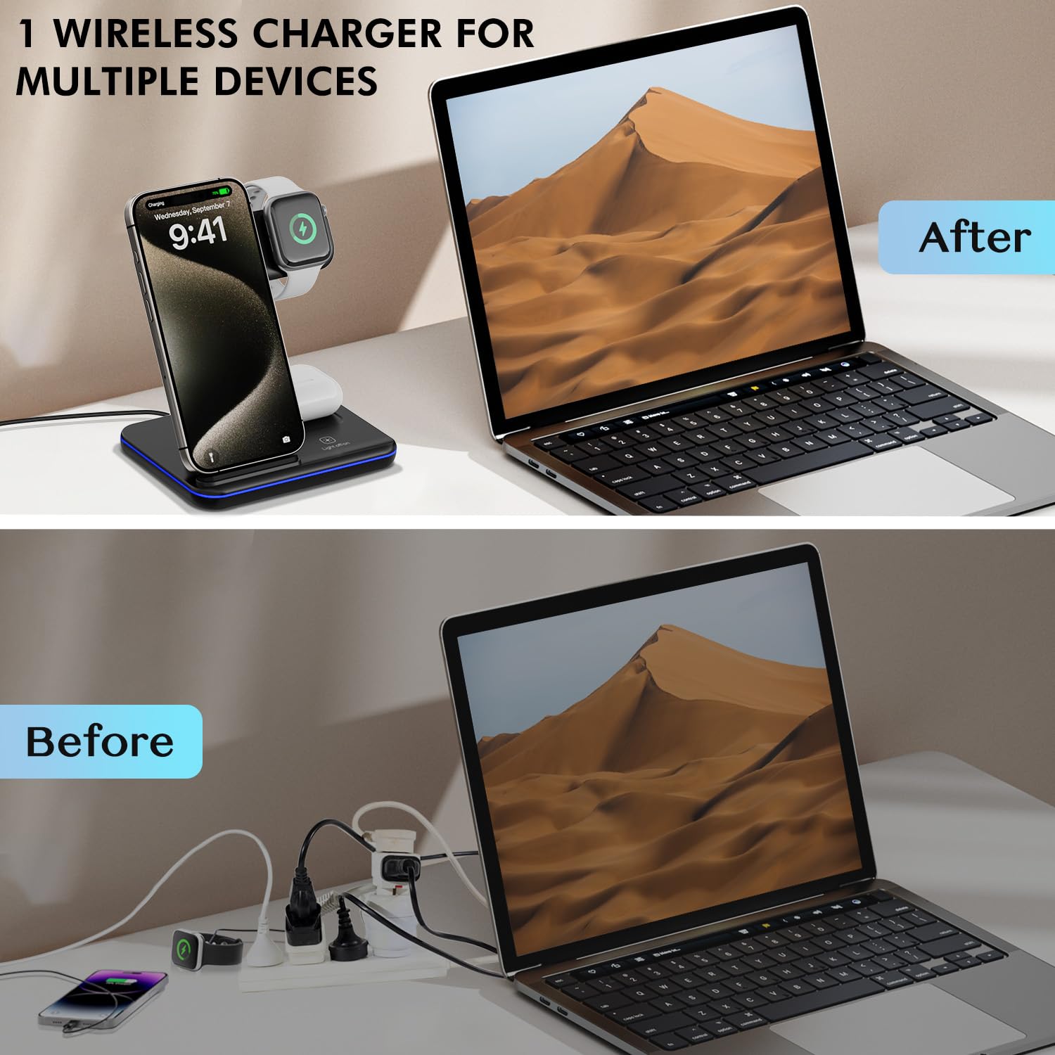 3-in-1 Fast Wireless Charging Station 15W for iPhone 15/14/13/12/11/Pro/Max/XS/XR/X/8/Plus, Apple Watch Series 2-9/SE & AirPods 2/3/Pro - Qi Certified Multi-Device Charger for Home, Office & Nightstand Use