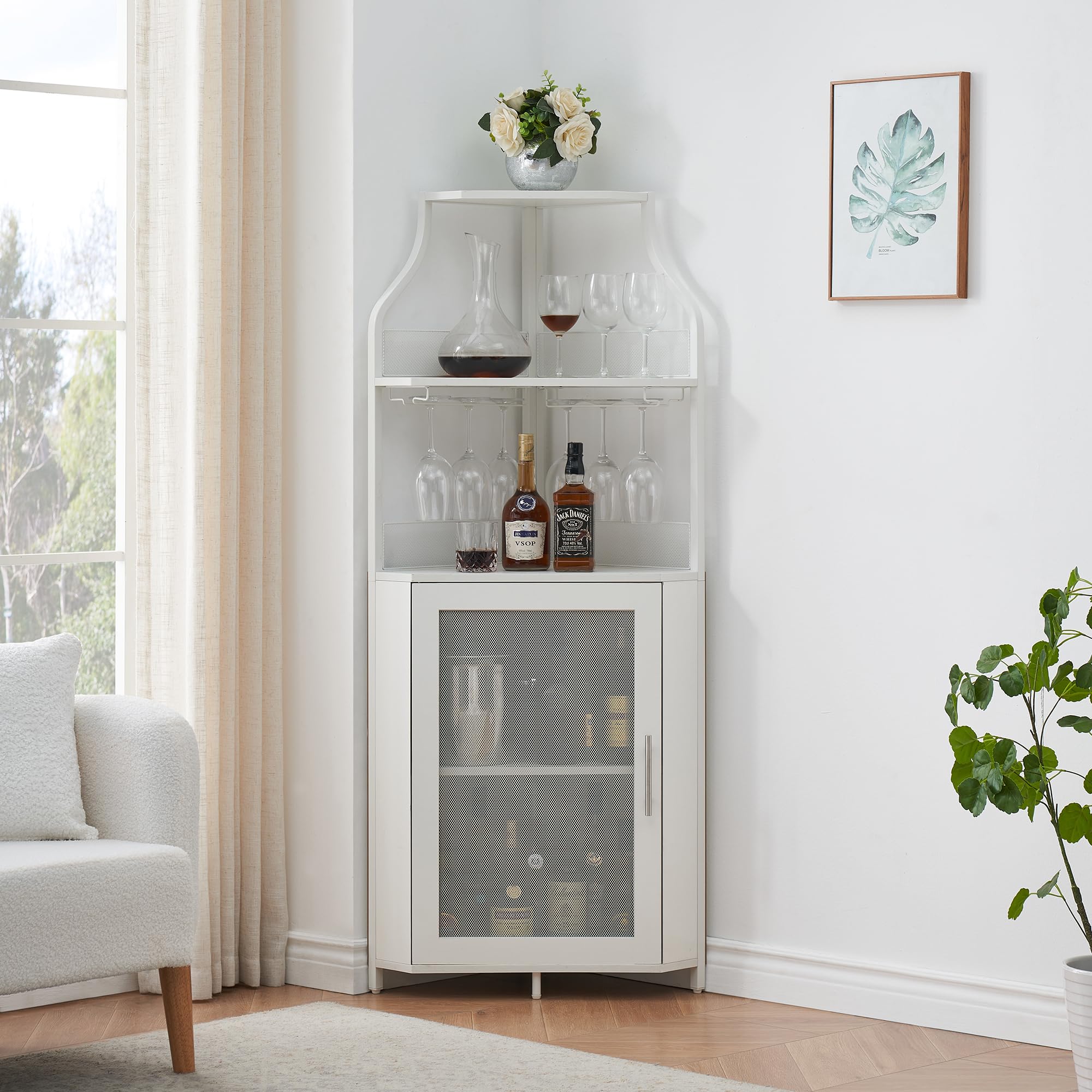 IdealHouse White Corner Bar Cabinet with Large Storage, Detachable Wine Rack & Glass Holder - Mesh Door Wine Cabinet for Dining Room, Living Room & Kitchen | Perfect for Home Entertaining & Space-Saving Storage
