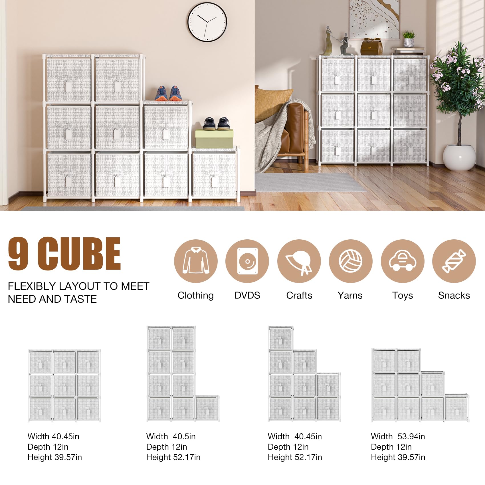 9 Cube Storage Organizer with Printed Drawers - White Toy Cubby Shelf for Kids Room, Closet, Living Room & Dorm - Perfect for Organizing Toys, Books & Home Decor