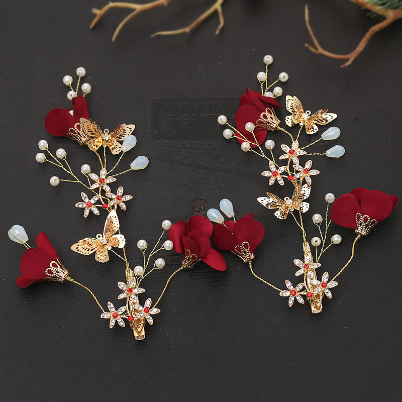 Elegant Red Blossoms & Alloy Pearl Hair Vine Clip - Perfect for Weddings, Prom, and Special Occasions