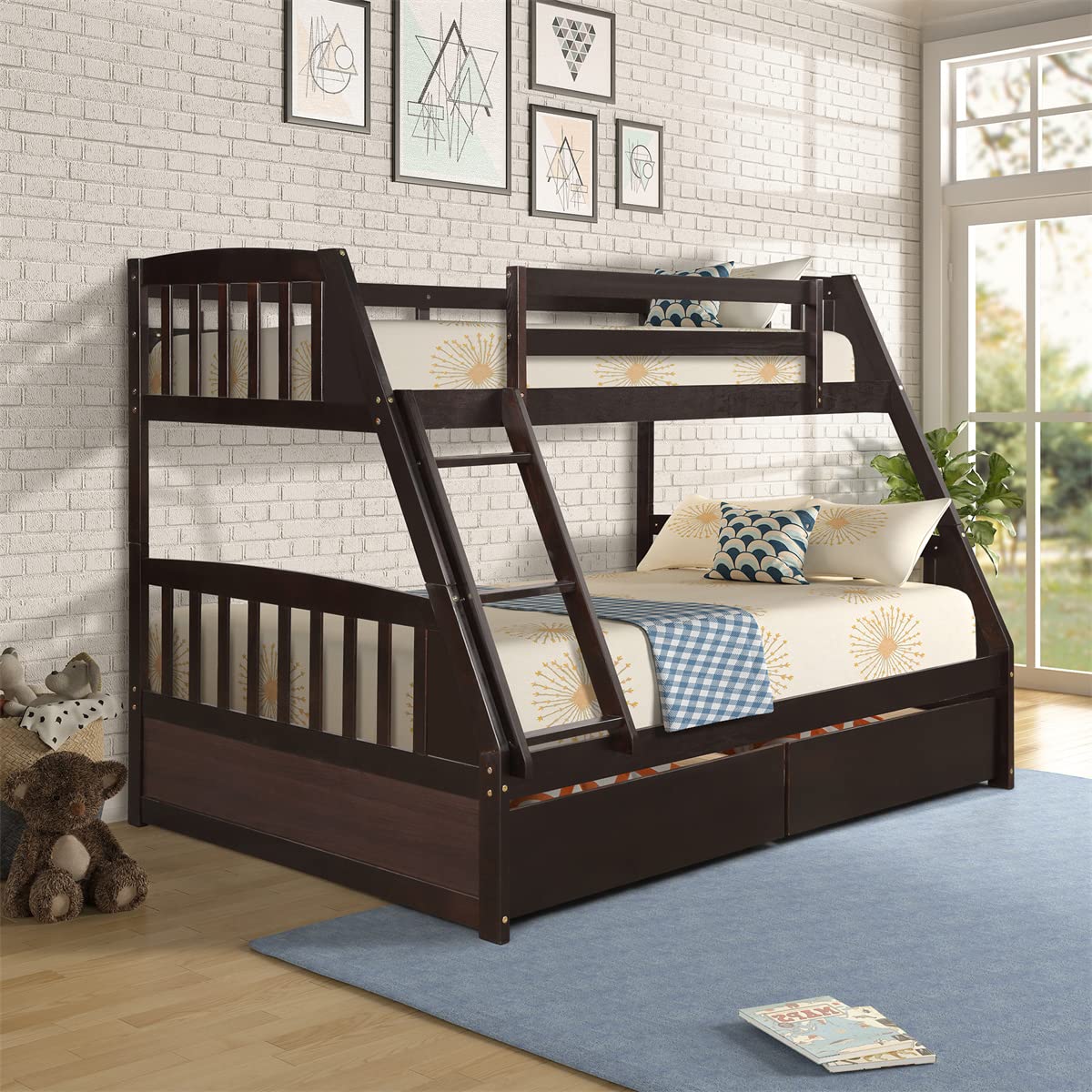 Twin Over Full Bunk Bed with Storage Drawers - Solid Wood Frame, Safety Guardrails & Wood Slats Support | Convertible to Separate Beds | Espresso Finish | Perfect for Kids' Rooms, Guest Rooms & Space-Saving Bedroom Solutions