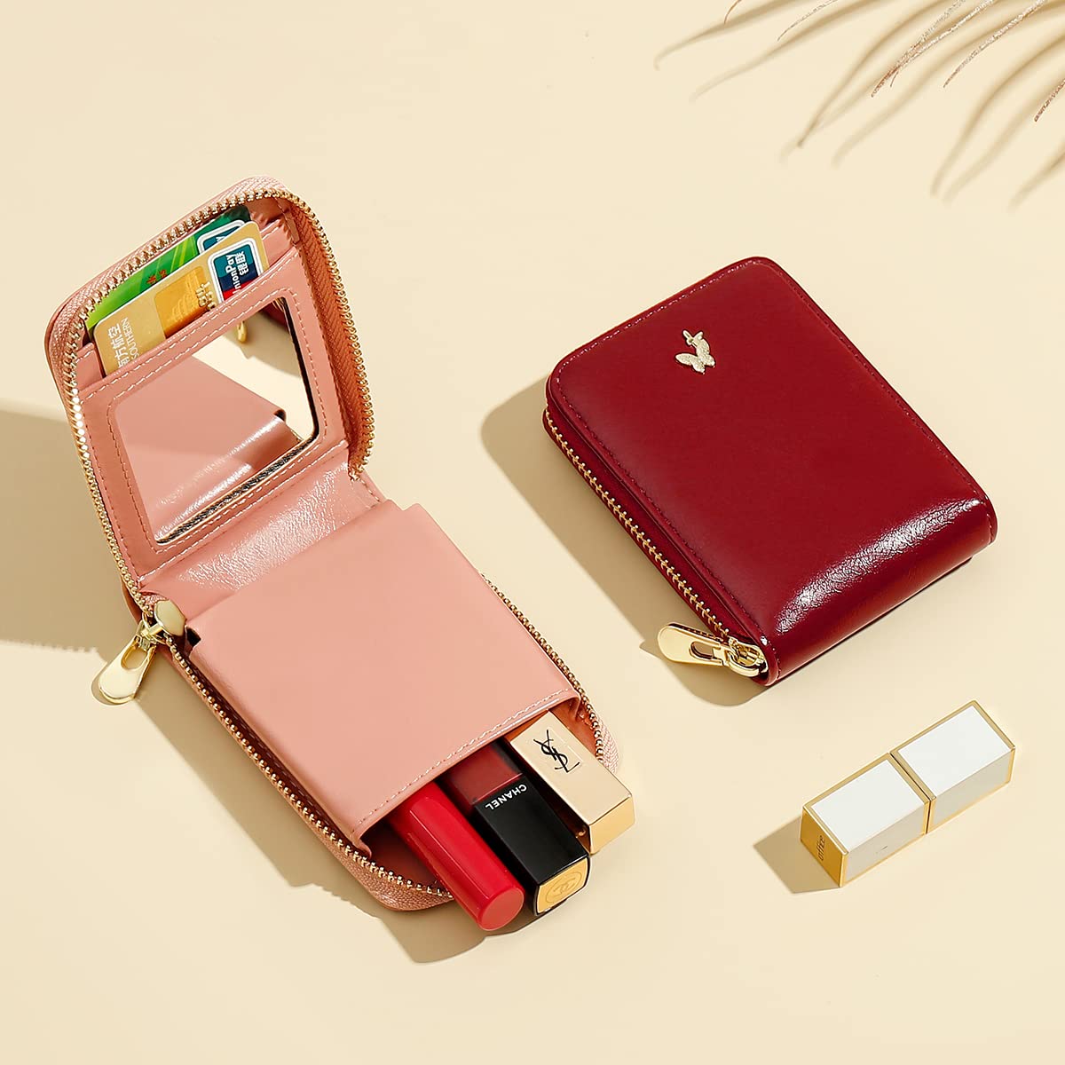 Portable Makeup Case with Mirror & Card Holder for Women - Travel Cosmetic Pouch