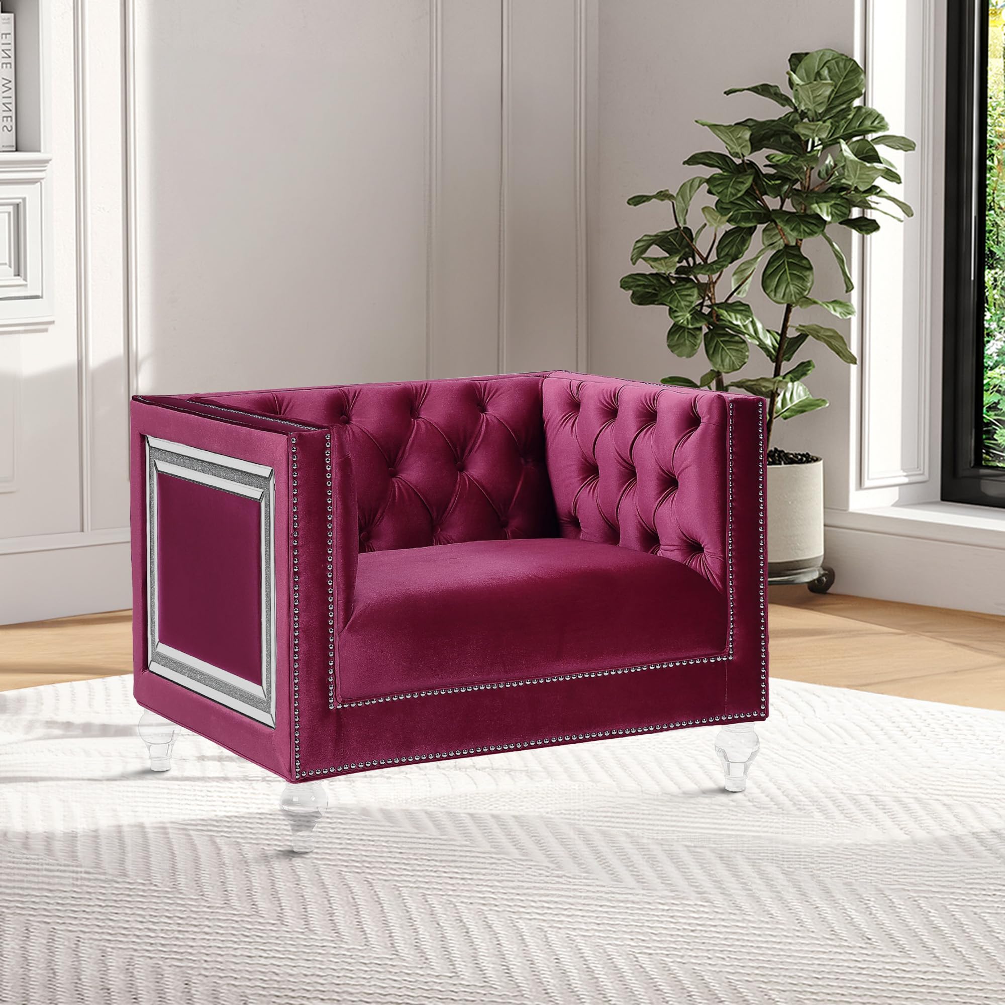 Benjara Red Accent Chair with Shelter Arms and Mirrored Trim - Elegant Living Room Seating for Home, Office, or Lounge Decor