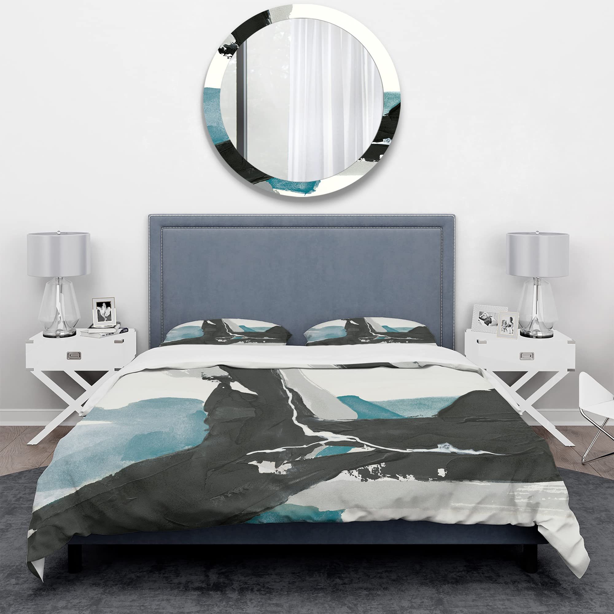 DesignQ Geometric Black and Teal Modern Duvet Cover Set King - 3 Piece Abstract Bedding Set for All Seasons | Contemporary Black & Teal Comforter Cover for Master Bedroom, Guest Room & Dorm Decor