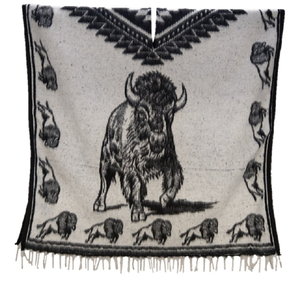 Sharpshooter Brand Sun Dance Tatanka Ska Buffalo Robe Hand Woven Poncho - Native American Style Wool Blanket for Outdoor Camping, Festivals & Cozy Home Decor