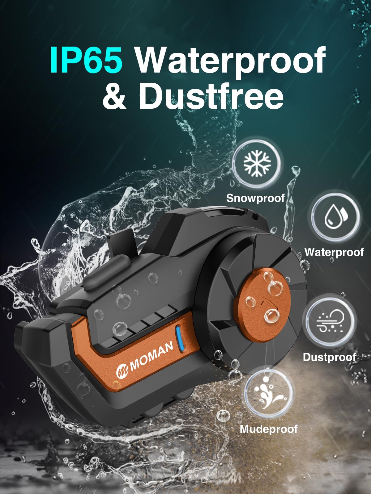 Moman H2Pro Wireless Motorcycle Helmet Headset - Bluetooth Intercom, Voice Assistant, Music Sharing, FM Radio, IP65 Waterproof, DSP & CVC Noise Cancellation (1 Pack, Orange) - Perfect for Group Riding, Solo Adventures & Long-Distance Motorcycle Trips