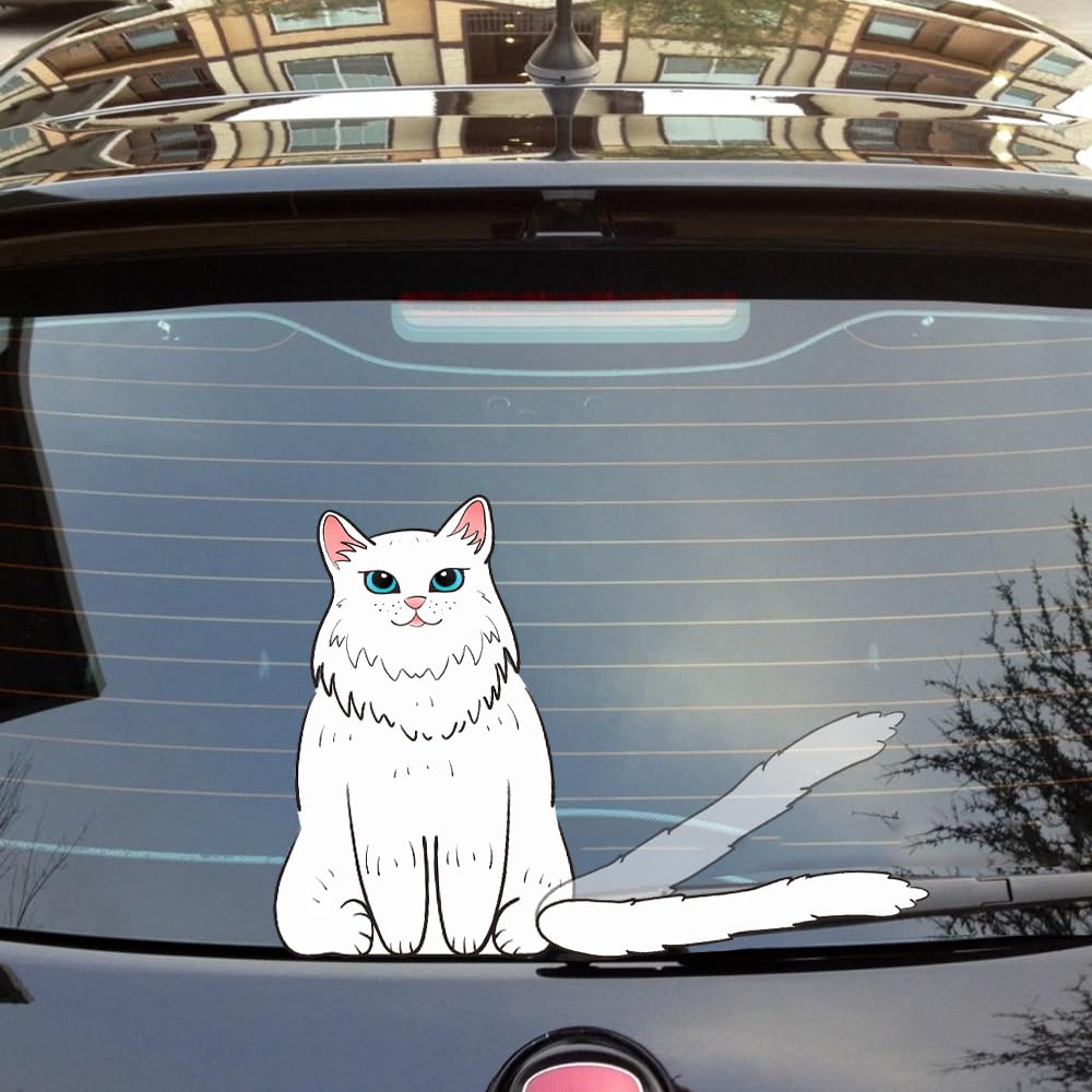 Funny White Cat Wiper Decal for Cars - Double-Sided PVC Kitty Sticker with Waving Tail - Cute Car Rear Window & Bumper Decoration - Perfect for Pet Lovers & Car Enthusiasts (Great for Personalizing Your Vehicle)