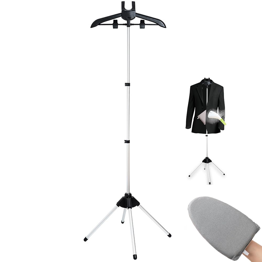 Foldable Garment Steamer Stand with Ironing Gloves - Adjustable Steamer Rack with 2 Clips for Suits, Shirts, Overcoats & Vests - Portable Steam Iron Stand for Bedroom, Cloakroom & Travel - Perfect for Home Use, Business Trips and Hotel Stays