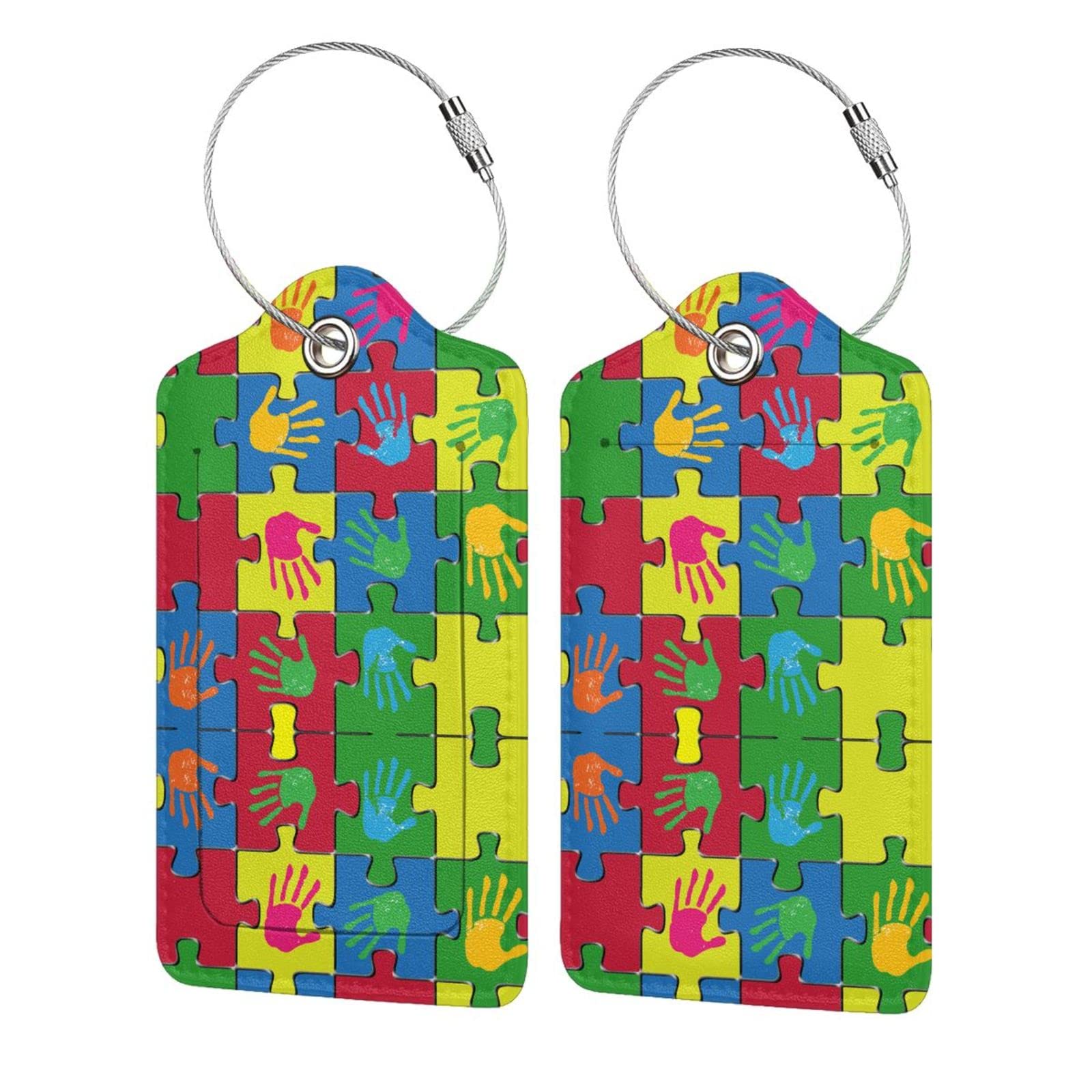 2 Pack Autism Awareness Puzzle Handprint PU Leather Luggage Tags with Stainless Steel Loop - Privacy Cover ID Label for Suitcases - Stylish Travel Accessories for Women, Men & Kids (Perfect for Airports, Cruises & Gifts)