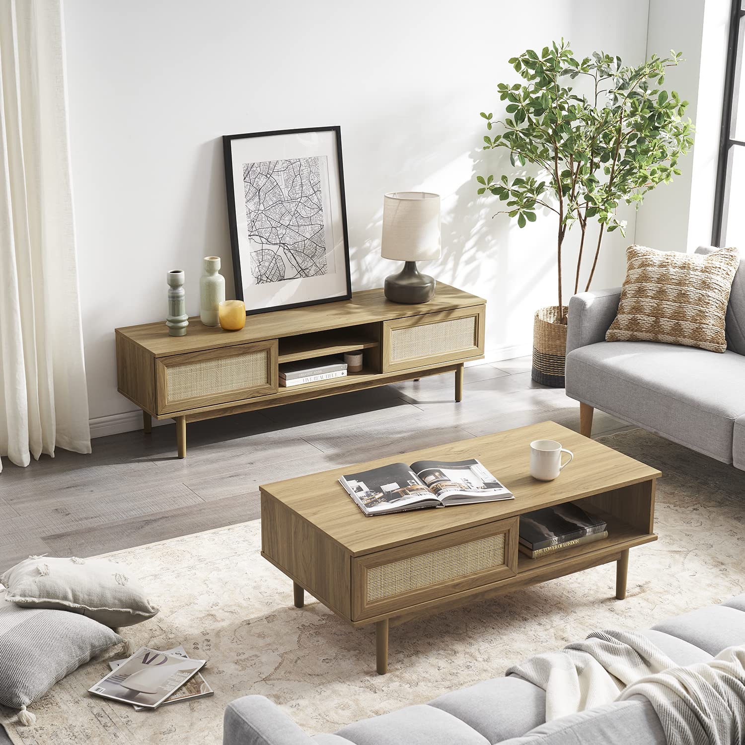 Haylee TV Stand for 55/60/65 Inch TVs - Modern Farmhouse Entertainment Center with Rattan Storage - Oak Media Console Credenza for Living Room & Bedroom - Perfect for Boho, Coastal & Rustic Home Decor