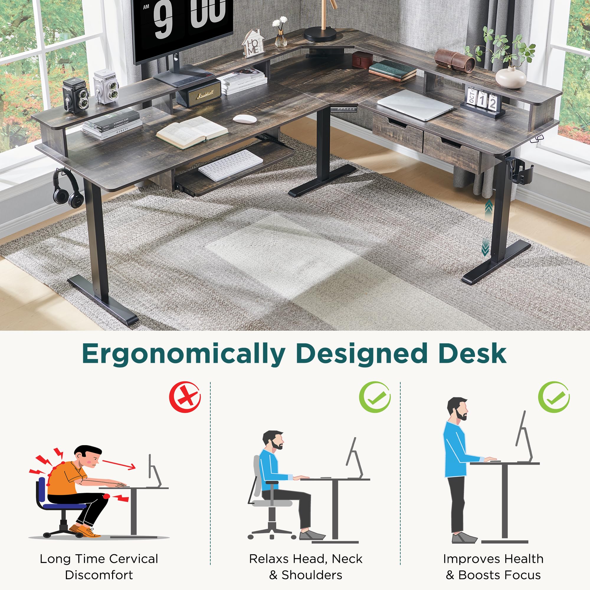 RedLemon 75X60 Inches L-Shaped Electric Standing Desk - Height Adjustable Corner Gaming Desk with Drawers, Keyboard Tray, Power Outlets & LED Lights - Computer Desk with Monitor Shelf in Dark Rustic Oak - Perfect for Home Office, Gaming Setup & Workspace Ergonomics