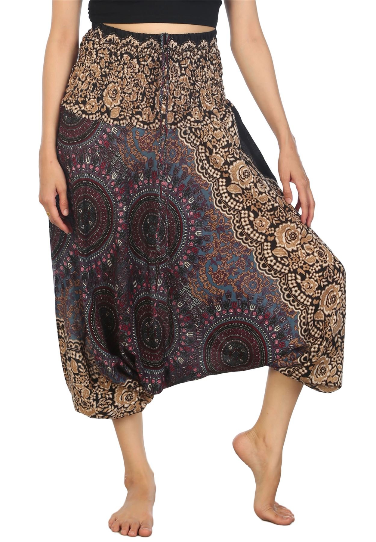 LOFBAZ Women's Harem Yoga Pants - Boho Hippie Bohemian Aladdin Genie Jumpsuit for Dance, Lounge & Workout - Comfortable Stretchy Wide Leg Pants for Yoga, Meditation & Casual Wear