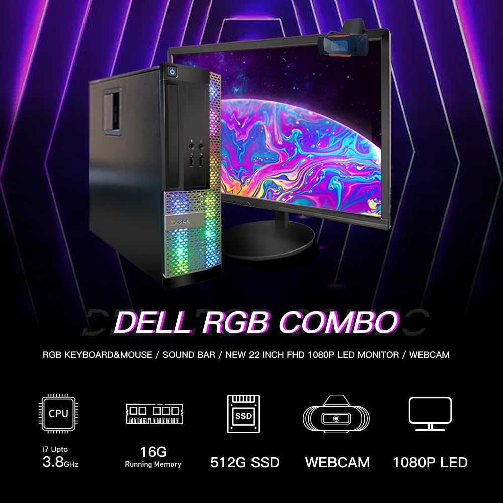 Dell OptiPlex RGB Gaming Desktop PC - Intel Core i7 Processor up to 3.8GHz, 16GB RAM, 512GB SSD, 22 Inch FHD LED Monitor, RGB Keyboard & Mouse, Bluetooth Soundbar, Webcam, WiFi, BT 5.0, Windows 10 Pro (Renewed) - Perfect for Home Office, Gaming & Streaming