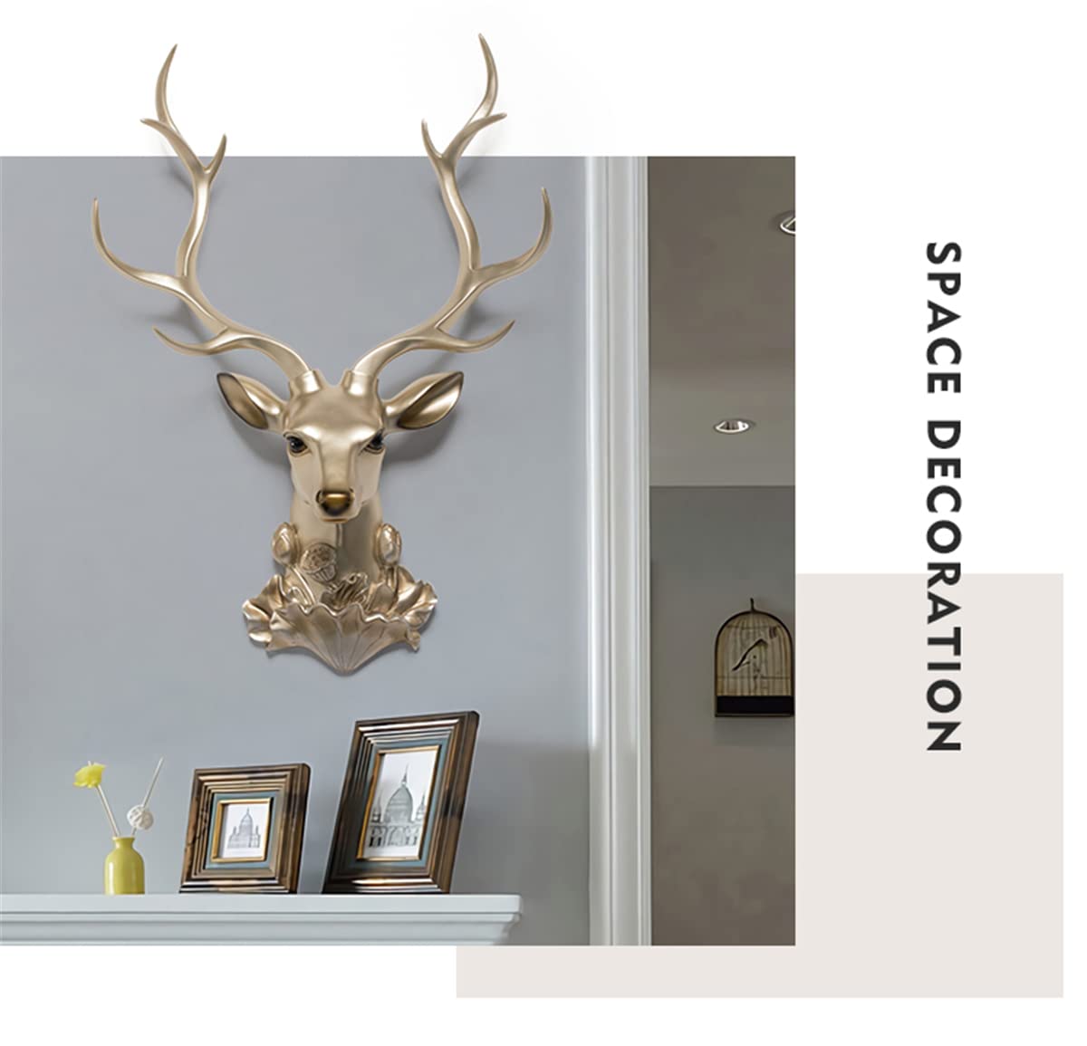 Gold Deer Head Wall Sculpture - Faux Antlers Wall Mount Art Decor for Living Room & Dining Room | Rustic Home Decor, Wedding Backdrop, Cabin Wall Art, Farmhouse Decor