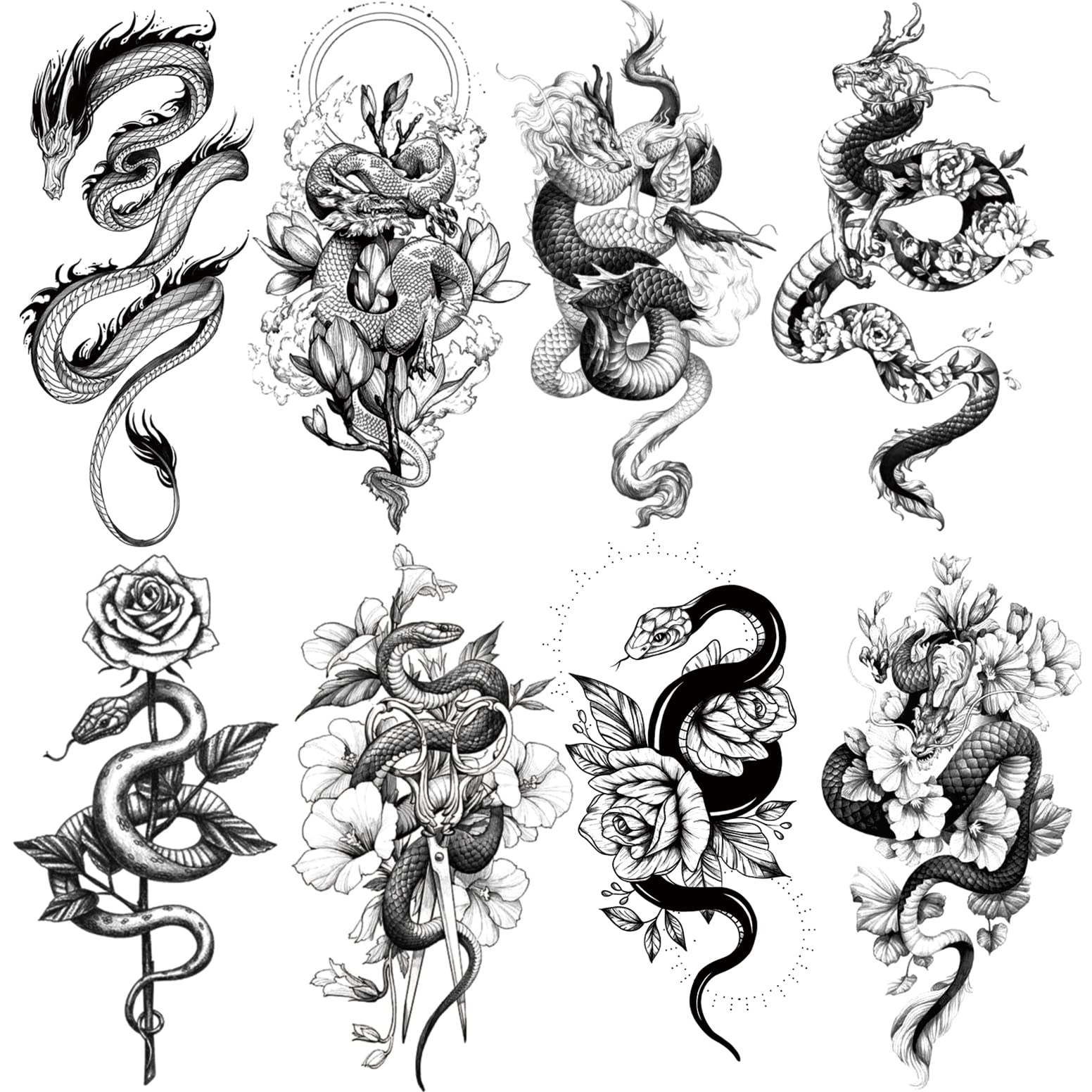 Waterproof Fake Tattoos - 8 Sheets Temporary Body Art with Dragon, Snake, Cross & Rose Designs for Arms & Legs | Perfect for Halloween, Cosplay & Festival Costumes