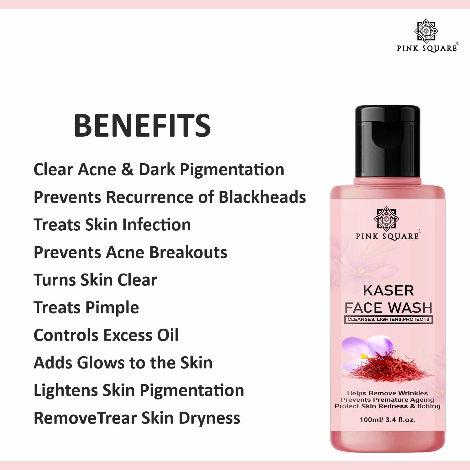 Pink Square Gold Kesar Face Wash with Golden Essence & Saffron Extract - Brightening & Illuminating Facial Cleanser | Silicone-Free, Paraben-Free, No Toxic Chemicals | 100ml | Perfect for Morning & Night Skincare Routine
