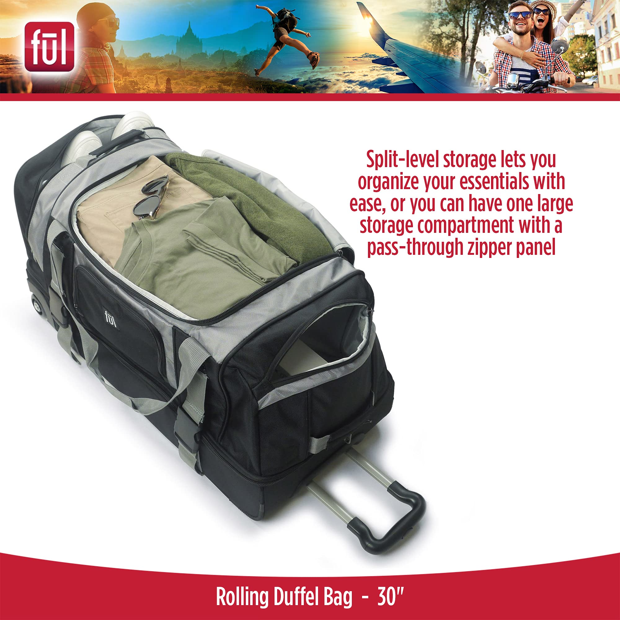 FUL Rig 30 Inch Rolling Duffel Bag - Large Wheeled Travel Luggage for Airplane, Cruise & Business Trips - Durable Spinner Suitcase with Smooth Wheels