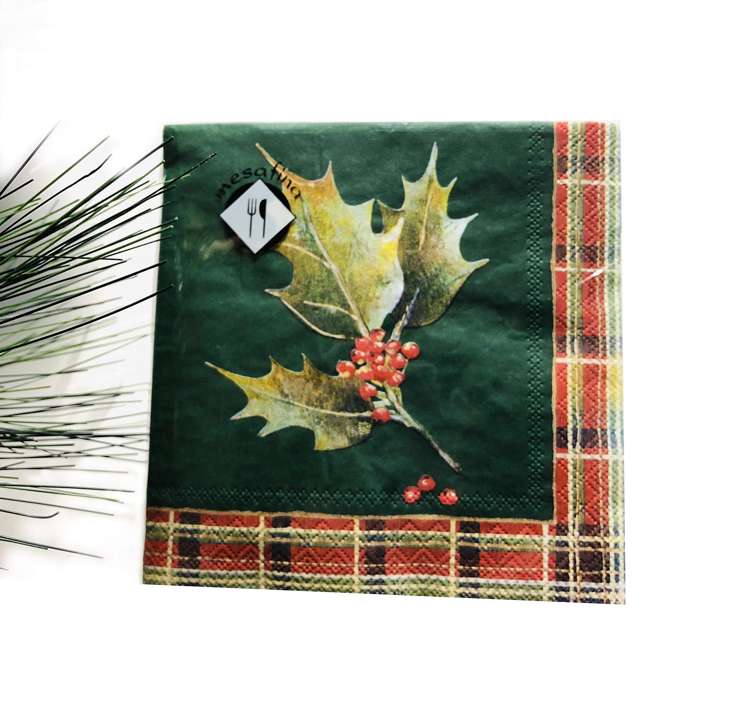 40-Count 5x5 Holly Christmas Napkins - Decorative Holiday Dinner & Cocktail Paper Napkins for Christmas Parties, Decoupage, and Beverage Service