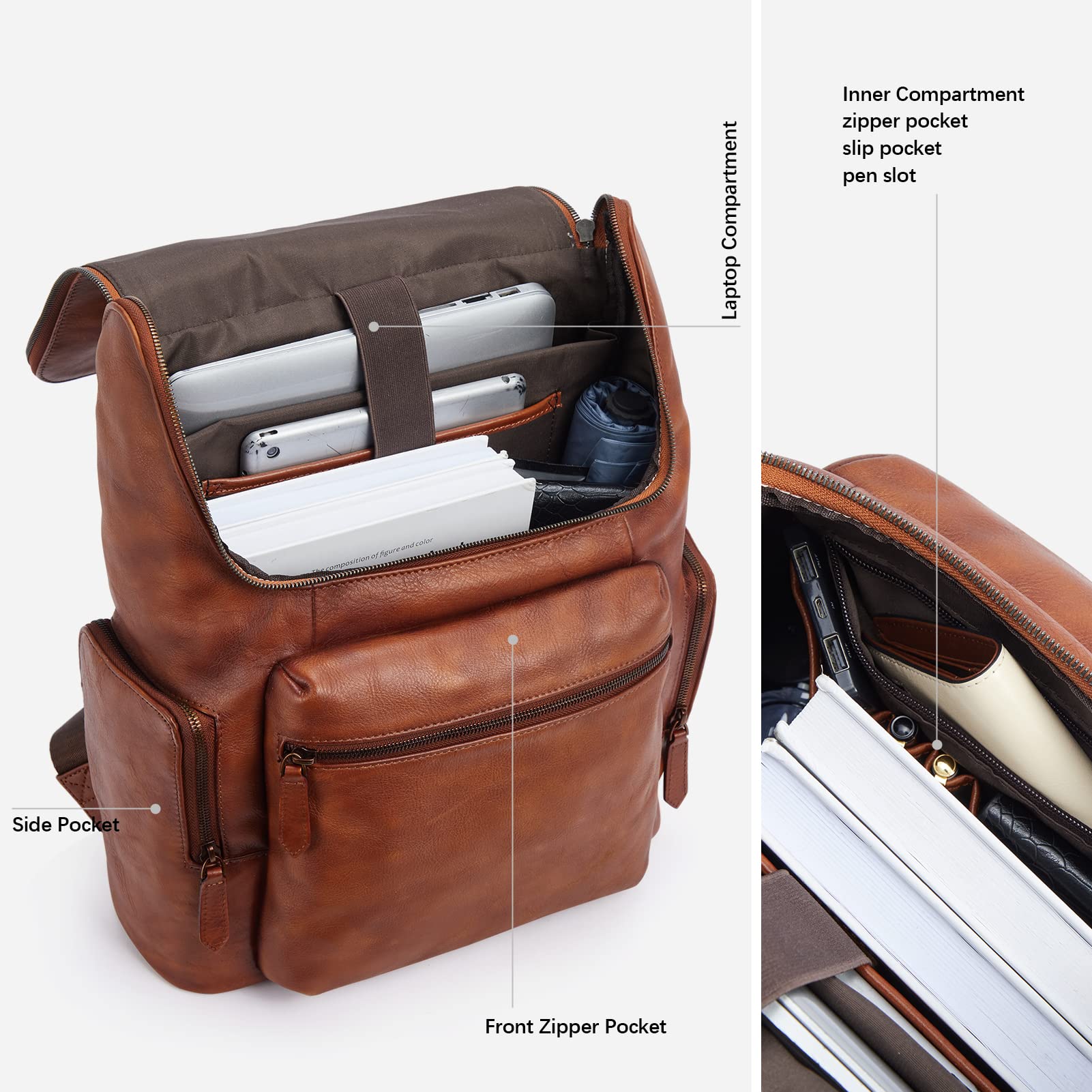 BOSTANTEN Vintage Leather Backpack for Men - 15.6 Inch Laptop Backpack, Large Capacity Travel & Office Shoulder Bag (Red Brown) - Perfect for Business, Commuting & College Use