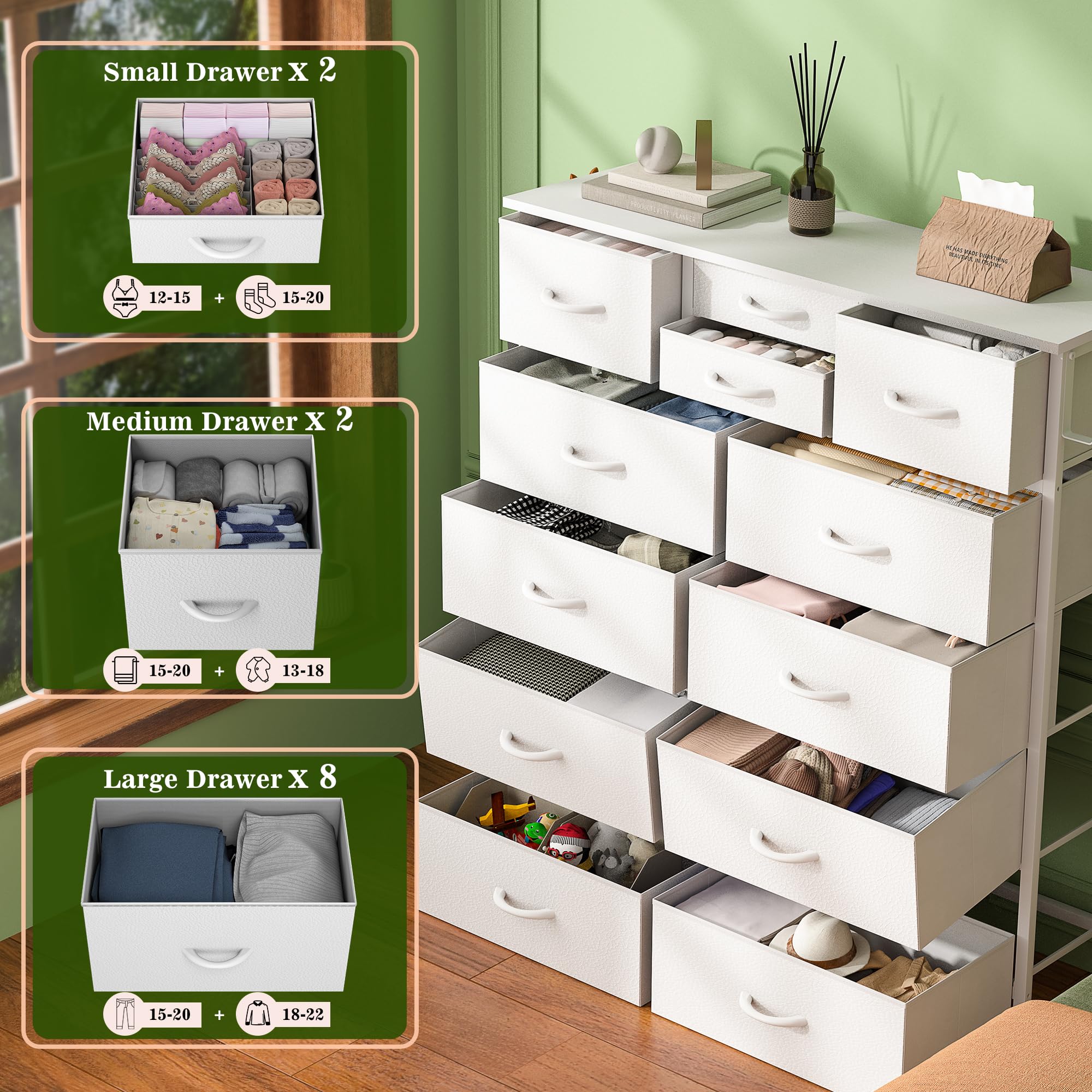 Lulive 12-Drawer Tall Dresser for Bedroom - Fabric Storage Tower with Side Pockets & Hooks - White Chest of Drawers for Closet Organization, Hallway Storage & Living Room Decor