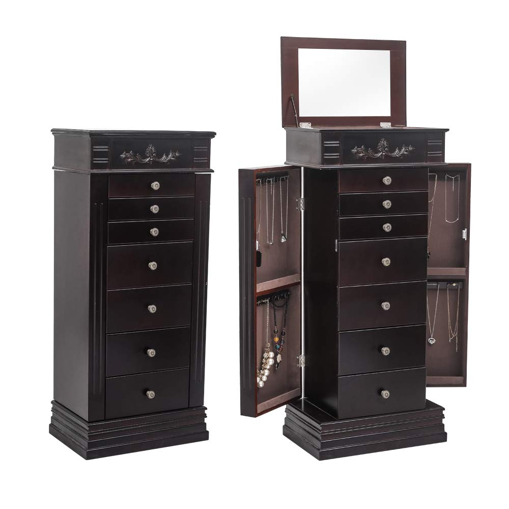 Henf Standing Jewelry Armoire Cabinet with Mirror - Large Jewelry Storage Chest with 8 Drawers, 2 Side Doors & 16 Necklace Hooks | Perfect for Bedroom, Closet & Dressing Room Organization