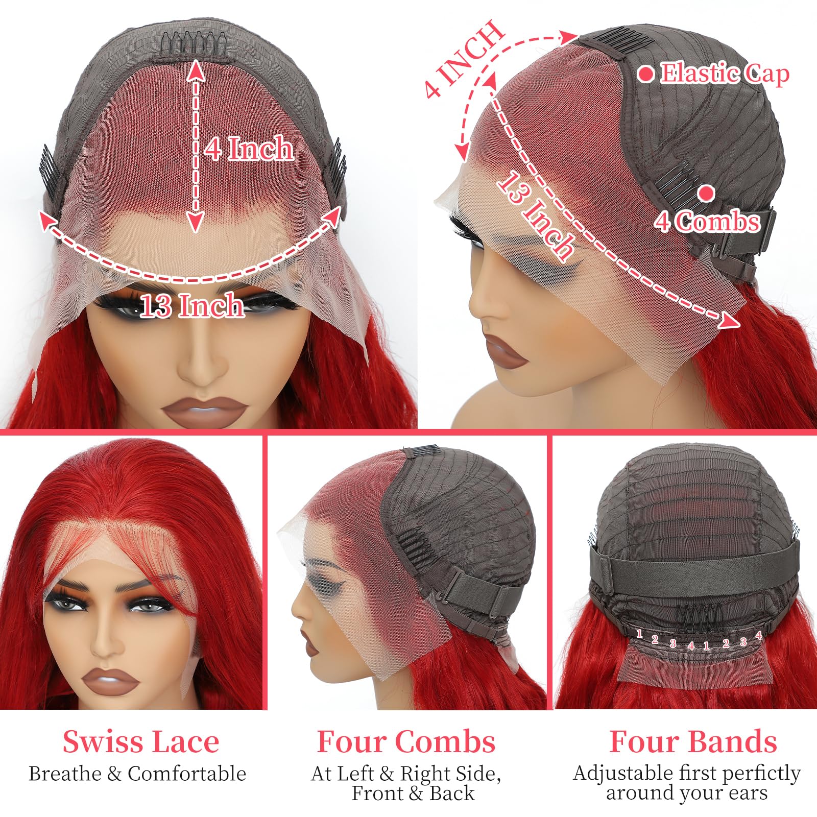 13x4 HD Lace Front Wigs Human Hair - 200% Density Red Body Wave Wig 24 Inch | Natural Looking Red Colored Human Hair Wig for Cosplay, Halloween & Daily Wear