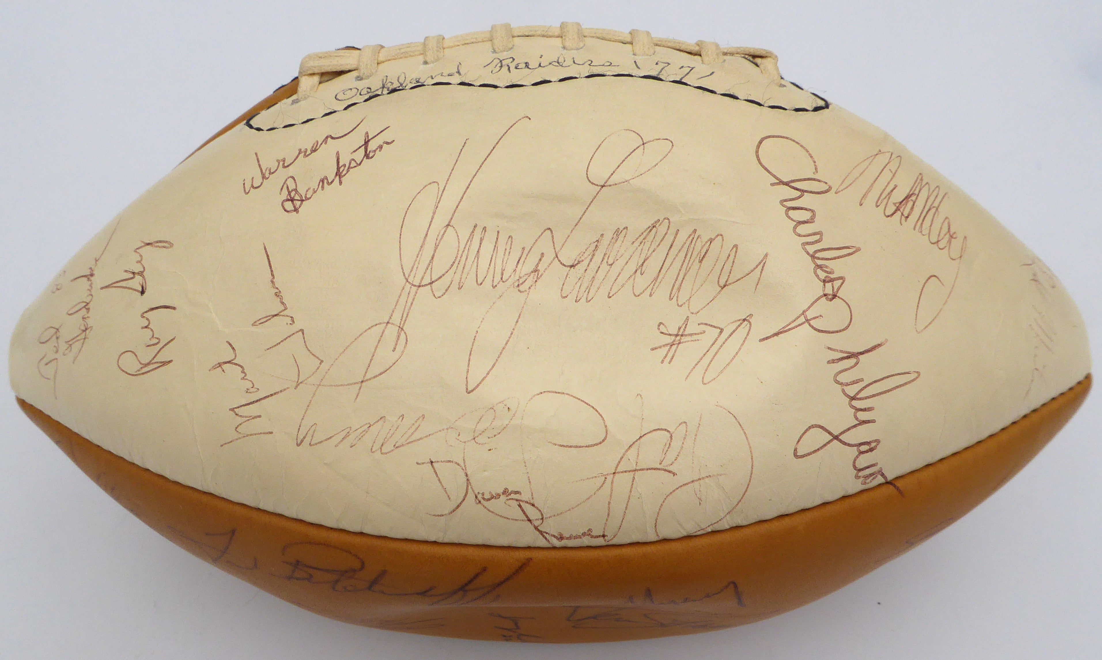 1977 Oakland Raiders Autographed Football with 40 Signatures - John Madden, Beckett BAS QR #AD40716 - Perfect for NFL Memorabilia Collectors and Raiders Fans Display