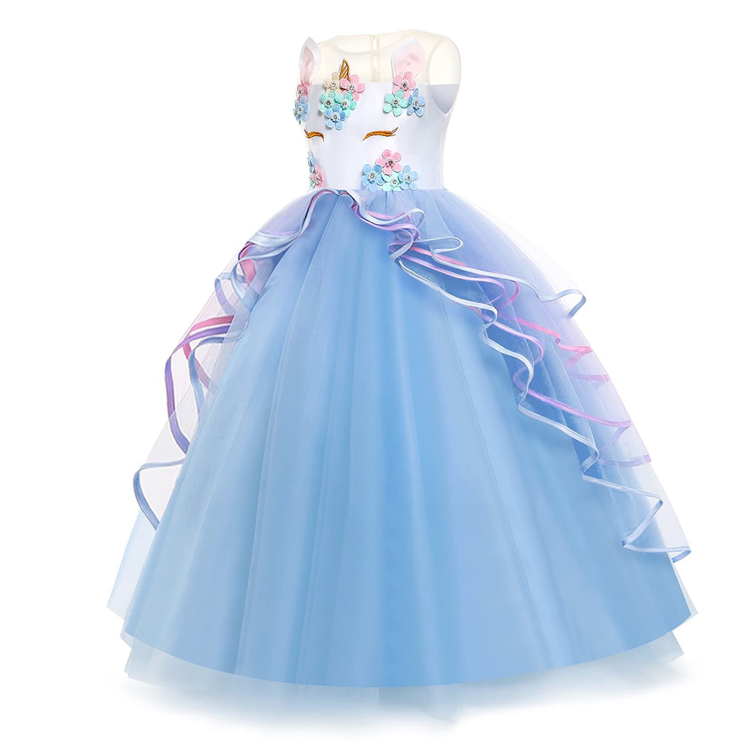 Magical Unicorn Princess Dress for Girls - Sparkly Long Satin Pageant Gown with Matching Headband | Birthday Party, Halloween Costume, Pageant Wear, Photo Shoot Outfit