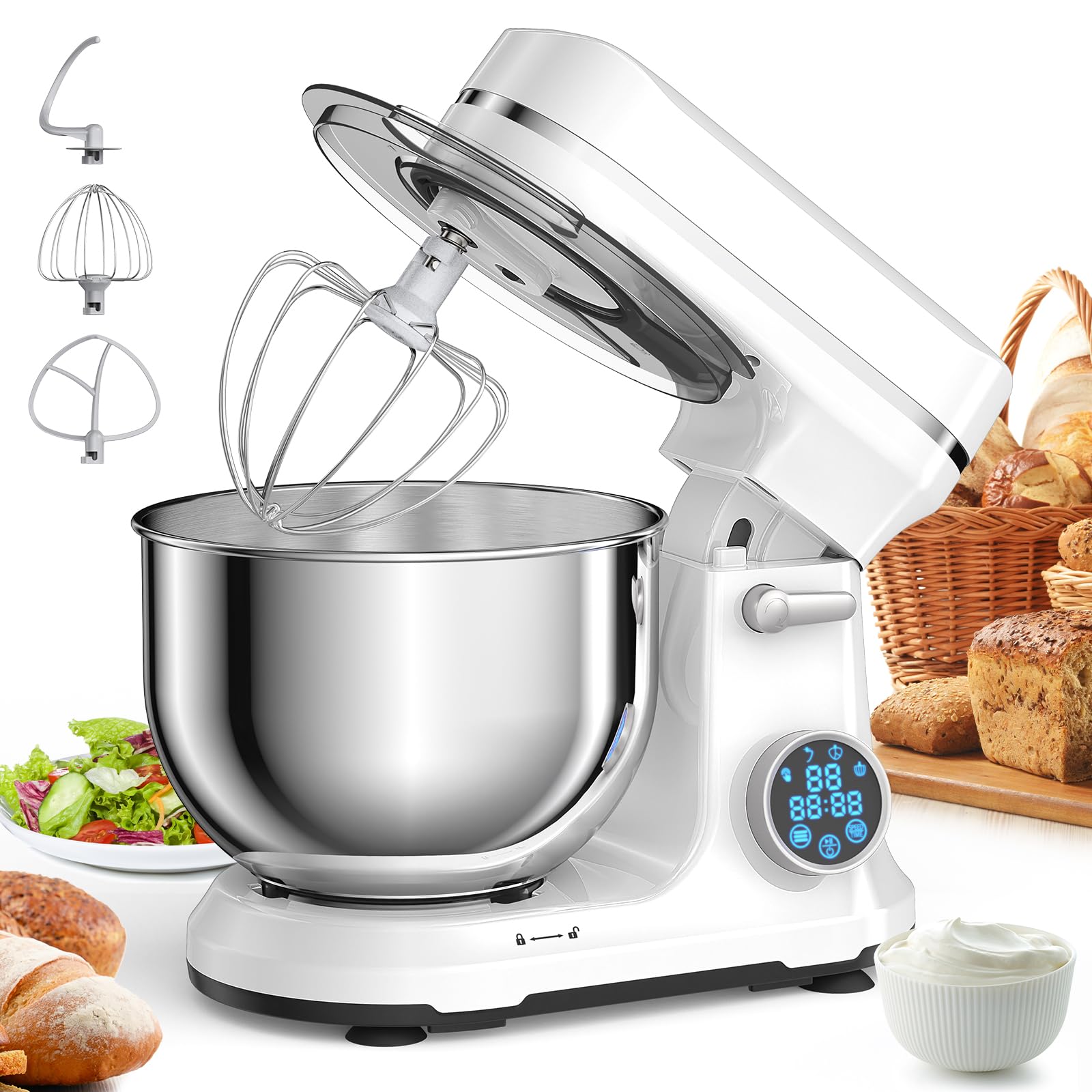 BioloMix 1200W Stand Mixer with 11 Speed Tilt Head & Digital OLED Screen - Includes Dough Hook, Flat Beater, Whisk - Perfect for Baking Bread, Cakes, Cookies - White Kitchen Electric Mixer