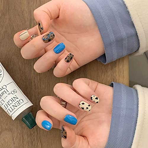 Ezpieces French Tip Press on Nails Short with Floral Designs - 24PCS Blue Acrylic Fake Nails with Glue for Women - Perfect for Daily Wear & Party Occasions - Coffin Shape Artificial Nails (Chic Happens)