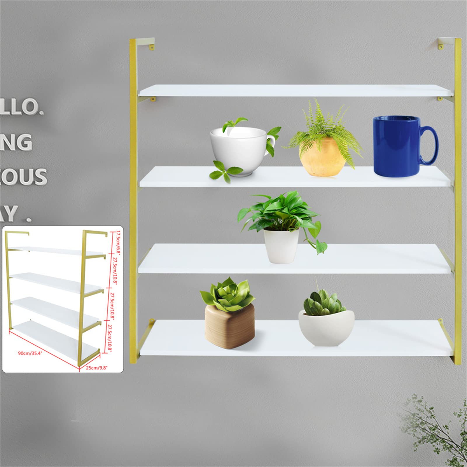 DYRABREST 4-Tier Floating Wall Shelves - Rustic Wood Wall Mounted Bookshelf for Living Room, Office, Bedroom - Gold Finish | Perfect for Home Decor, Book Storage & Displaying Decorative Items