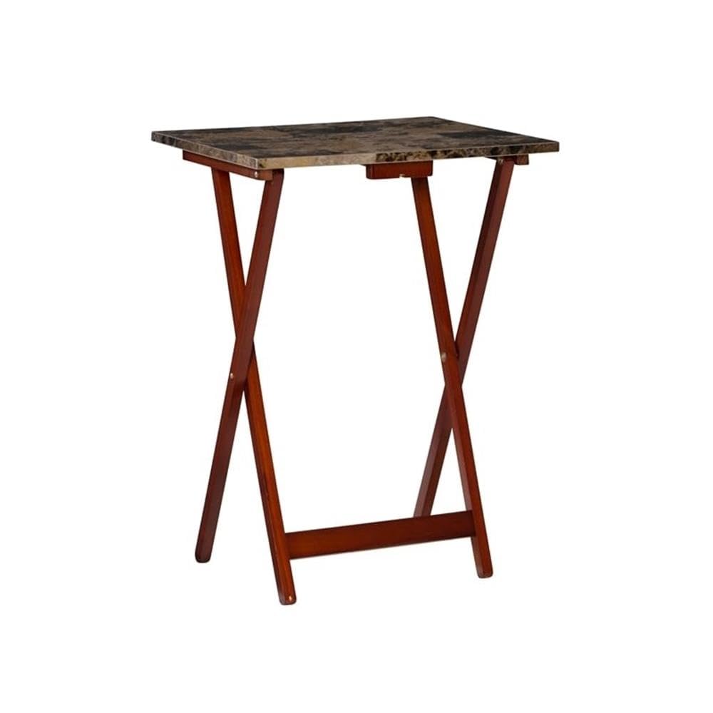 5 Piece Set Faux Marble TV Tray Table Stand in Brown - 4 Adjustable Tray Tables & 1 Sturdy Stand for Living Room, Bedroom, or Outdoor Use - Perfect for Dining, Working, or Entertaining