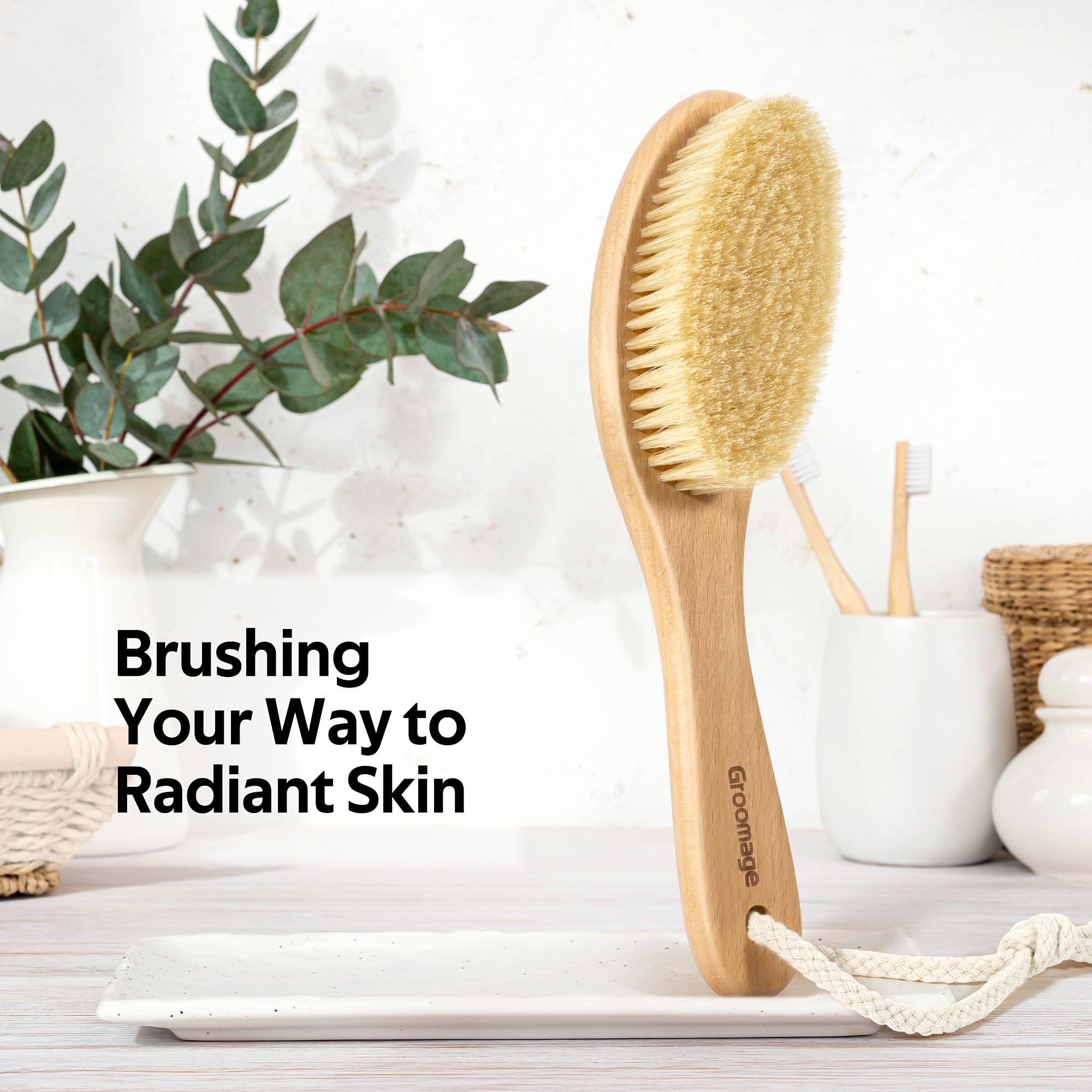 Natural Bristle Dry Body Brush for Exfoliation & Lymphatic Drainage - Cellulite Reduction & Skin Care - Perfect for Spa, Shower & Self-Care Routine