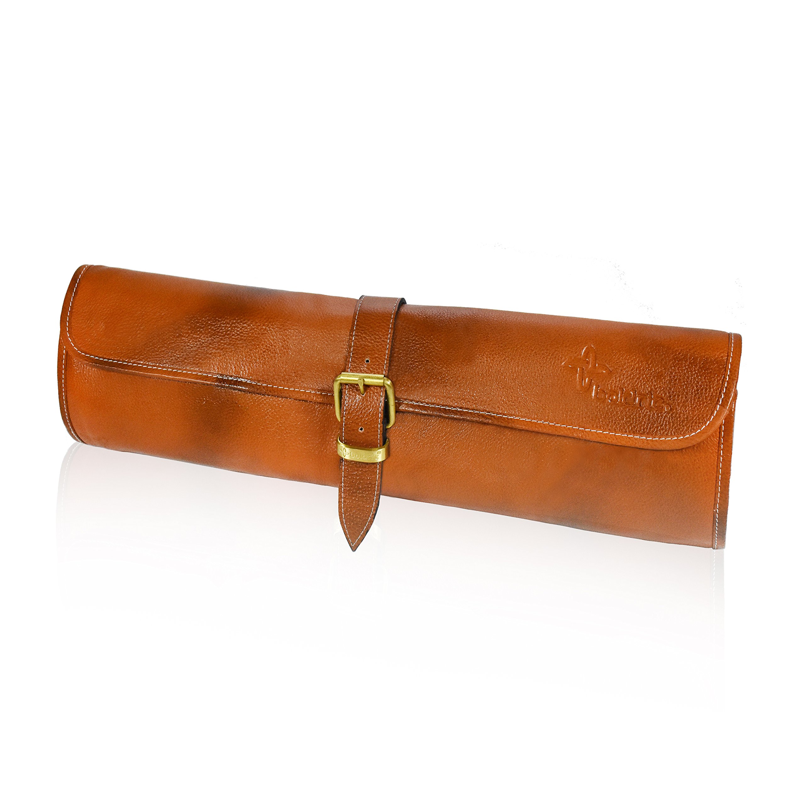 **Boldric One Buckle Water Buffalo Leather Chef Knife Bag – Professional Grade Roll Travel Knife Case with 8 Tool Holder Slots for Knives, Pens, Pencils & Spoons (Tan) – Perfect for Chefs, Culinary Students & Traveling Professionals**