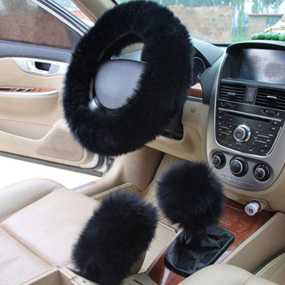 HSKONG 1 Set Pink Plush Wool Car Steering Wheel Cover & Gear Shift Knob Cover - Soft Fur Grip for Comfort & Style - Perfect for Winter Driving & Car Interior Decoration