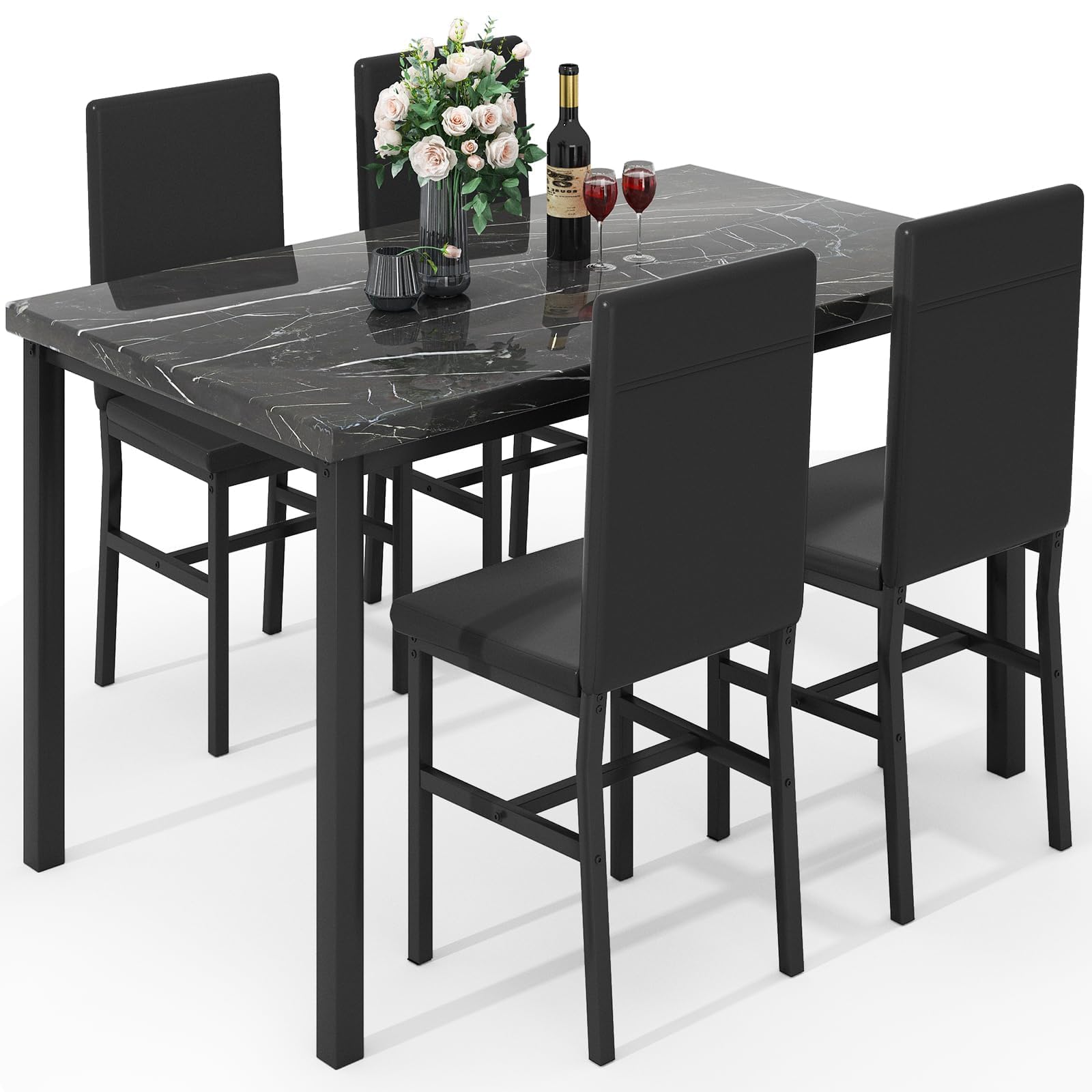 Modern 5-Piece Dining Table Set for 4 - Faux Marble Table & 4 PU Leather Chairs - Space-Saving Kitchen/Dining Room Set for Small Spaces, Apartments, Dinettes - Perfect for Family Meals, Dinner Parties & Compact Living (Black)