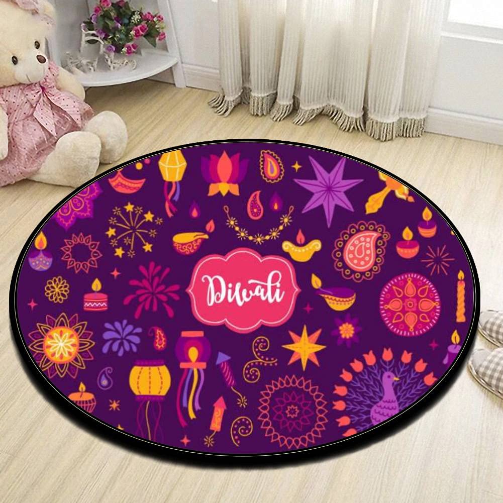 Non-Slip Round Area Runner Rug with Mandala Design - Diwali Decor Set Includes Diya Lantern Garland, Stars Paisley Candles - Perfect for Living Room, Kids Playmat, Indoor Floor Carpet, Patio Door Mat - Home Decor & Festival Celebration
