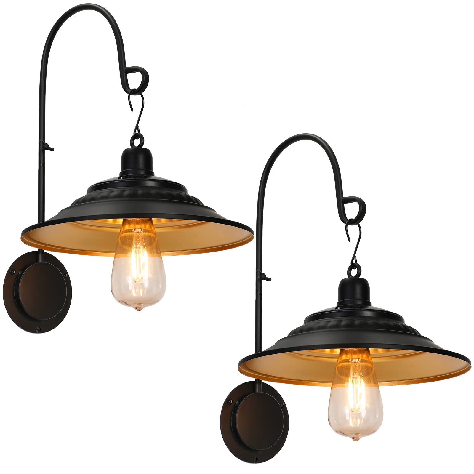 2PCS Solar Barn Lights Outdoor - Waterproof Black Gooseneck Wall Mount Farmhouse Lighting, Rustic Vintage Metal Shed Lights for Patio, Garden, Porch, Garage & Entryway | Energy-Efficient Solar Powered Outdoor Decor