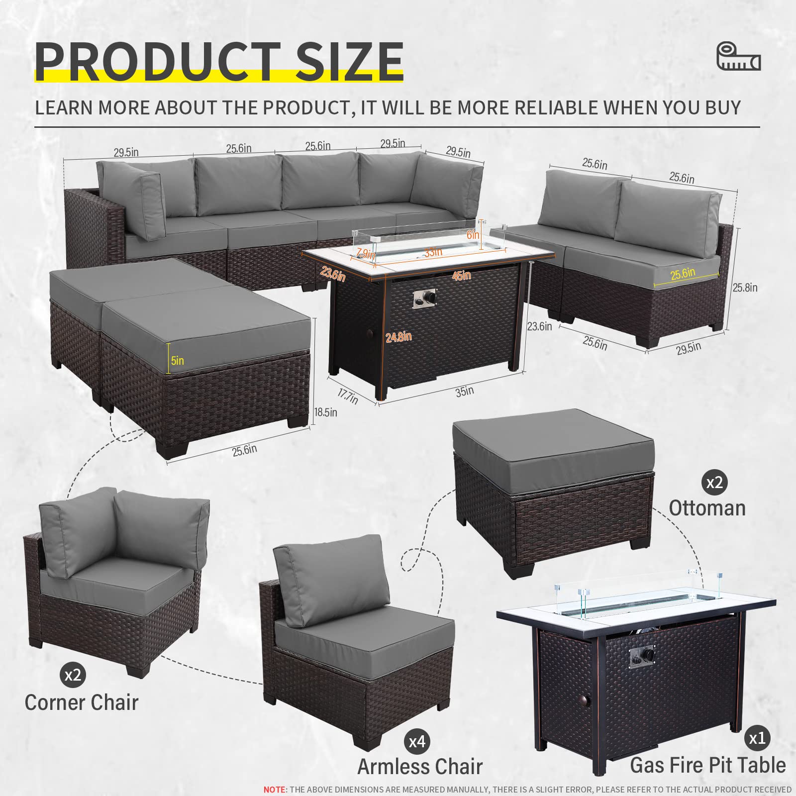 9-Piece PE Rattan Patio Furniture Set - Outdoor Wicker Sectional Sofa with Gray Cushions & 45