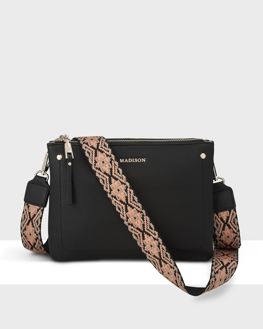 Charlotte Double Zip Crossbody Bag with Adjustable Aztec Print Strap - Stylish & Functional for Travel, Work & Everyday Use