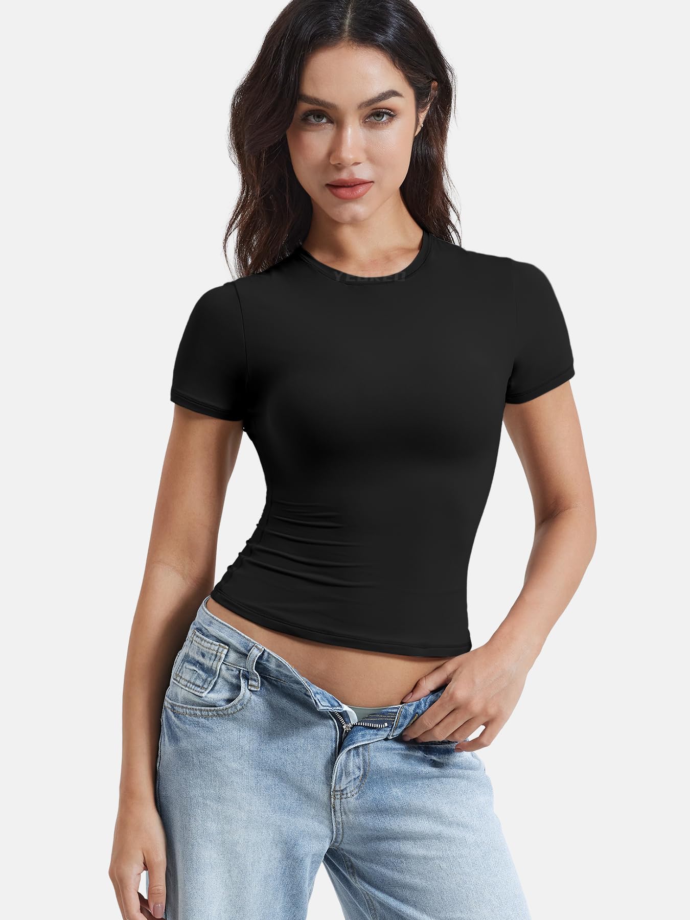 YEOREO Women's Workout Tops - Short Sleeve Double Lined Compression Crop Top for Yoga, Gym & Running | Y2K Fashion Crew Neck Fitted Shirt for Women