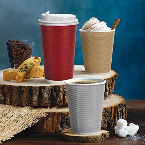 Nicole Home Collection 12 oz Double-Walled Insulated Ripple Paper Coffee Cups with Lids - Pack of 30, Tan - Hot Beverage Disposable Cups for Coffee, Tea, Hot Chocolate - Perfect for Office, Cafes, and Home Use