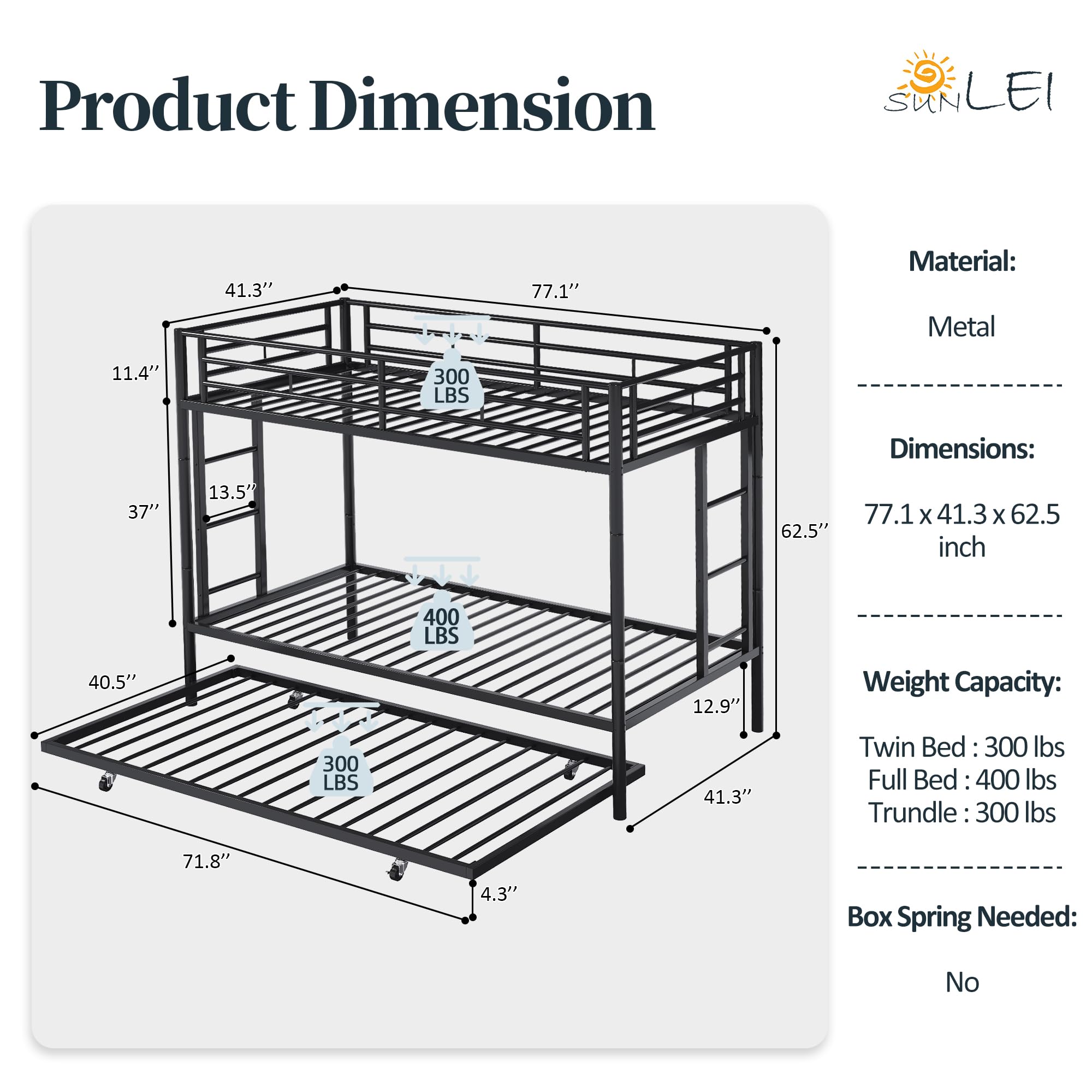 Metal Twin Over Twin Bunk Bed with 2 Secure Ladders & Trundle Daybed - Space-Saving Loft Bed Frame with Safety Rails, Quiet Design for Small Rooms - Perfect for Kids' Bedrooms, Guest Rooms & Dormitories (Black)