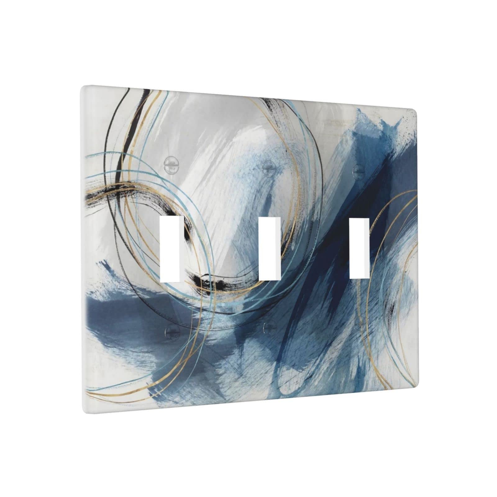Blue and White Abstract Art Decorative Light Switch Cover Plate - Triple Toggle 3 Gang Wall Plate (Standard Size 4.5