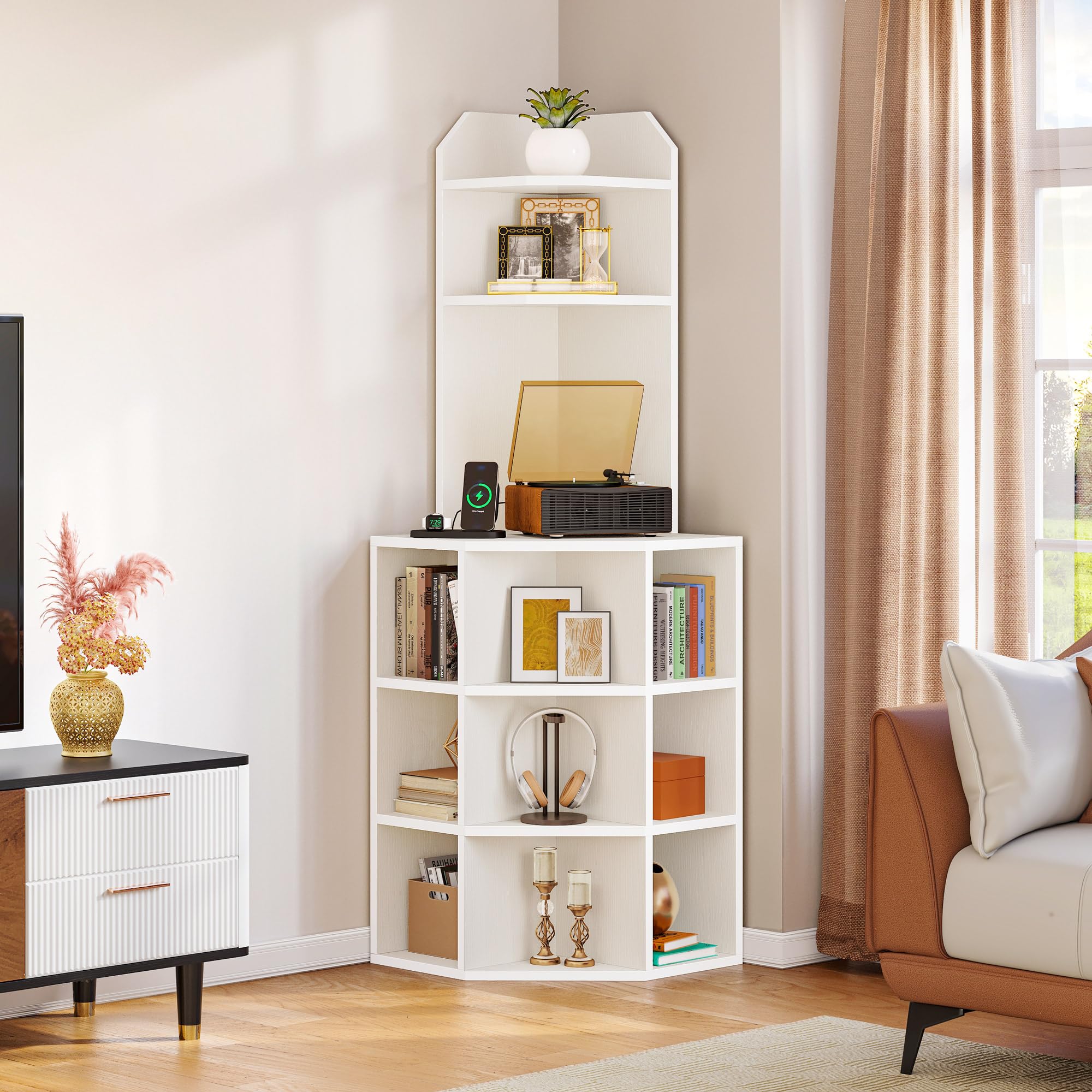 YITAHOME Modern Corner Shelf with USB Ports & Power Outlets, Wooden Charging Station & Storage Cabinet for Living Room, Bedroom, Kitchen - White | Space-Saving Display Shelf for Books, Decor & Electronics Charging