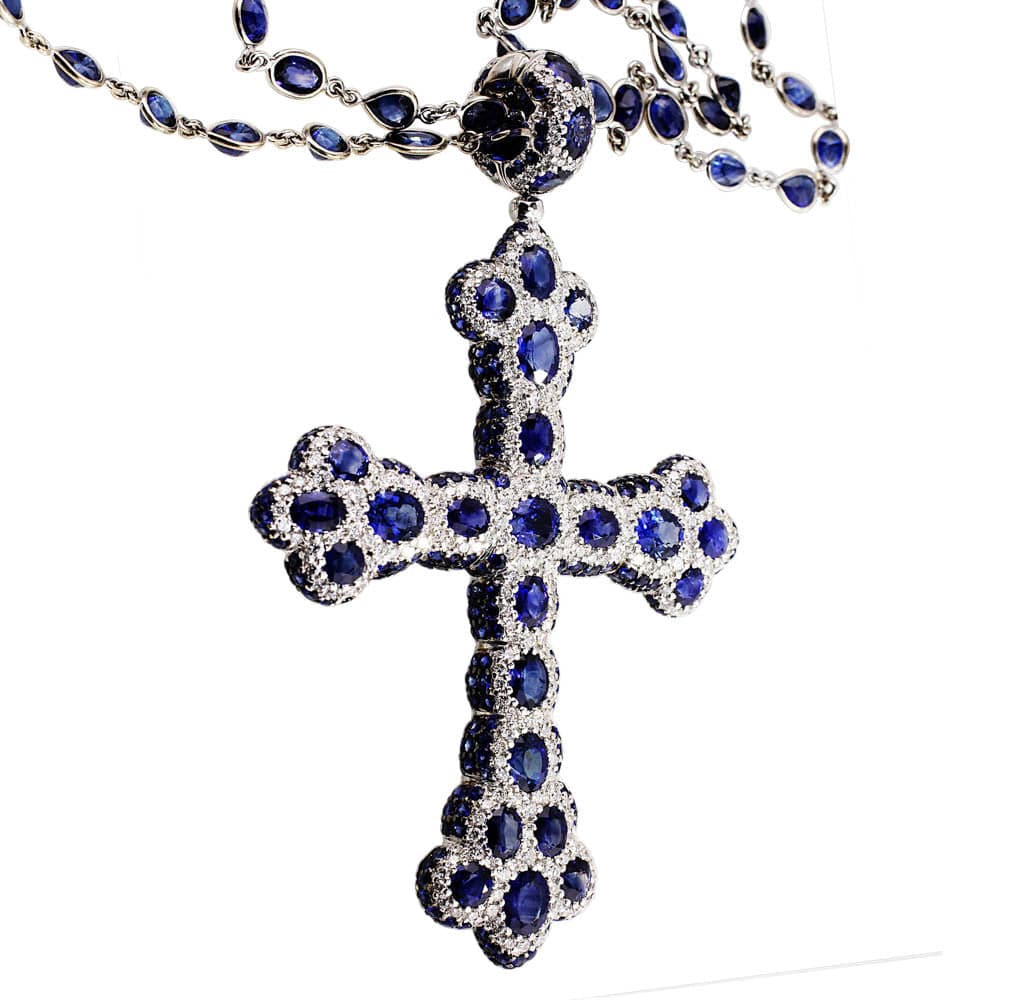 18K White Gold Diamond & Sapphire Cross Pendant Necklace for Women - Elegant Religious Jewelry Gift for Baptism, Confirmation & Special Occasions