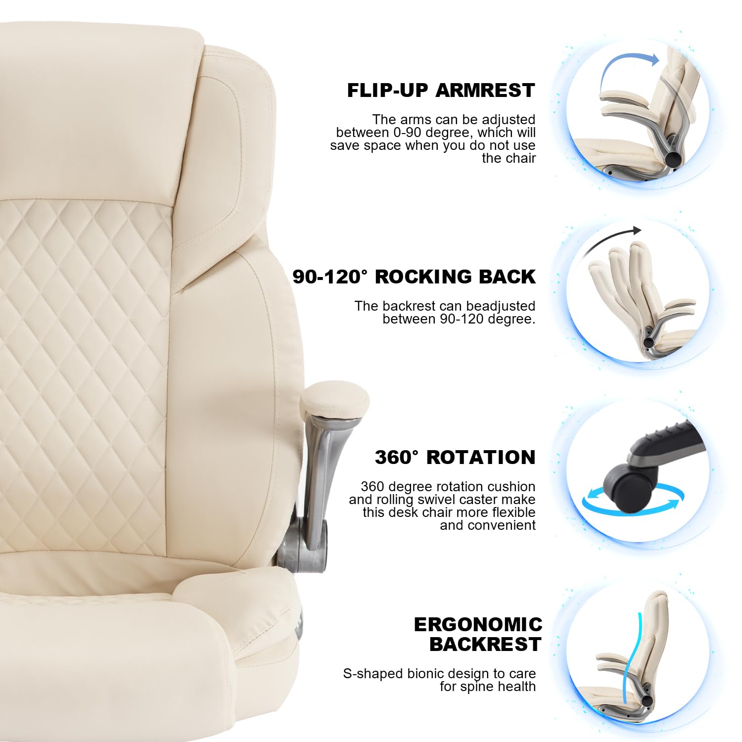 Ergonomic High Back Office Chair with Flip-Up Arms, PU Leather Executive Desk Chair with Wheels & Lumbar Support - 90-120° Adjustable Rocking Swivel Chair for Home Office, Gaming & Computer Work (Beige)