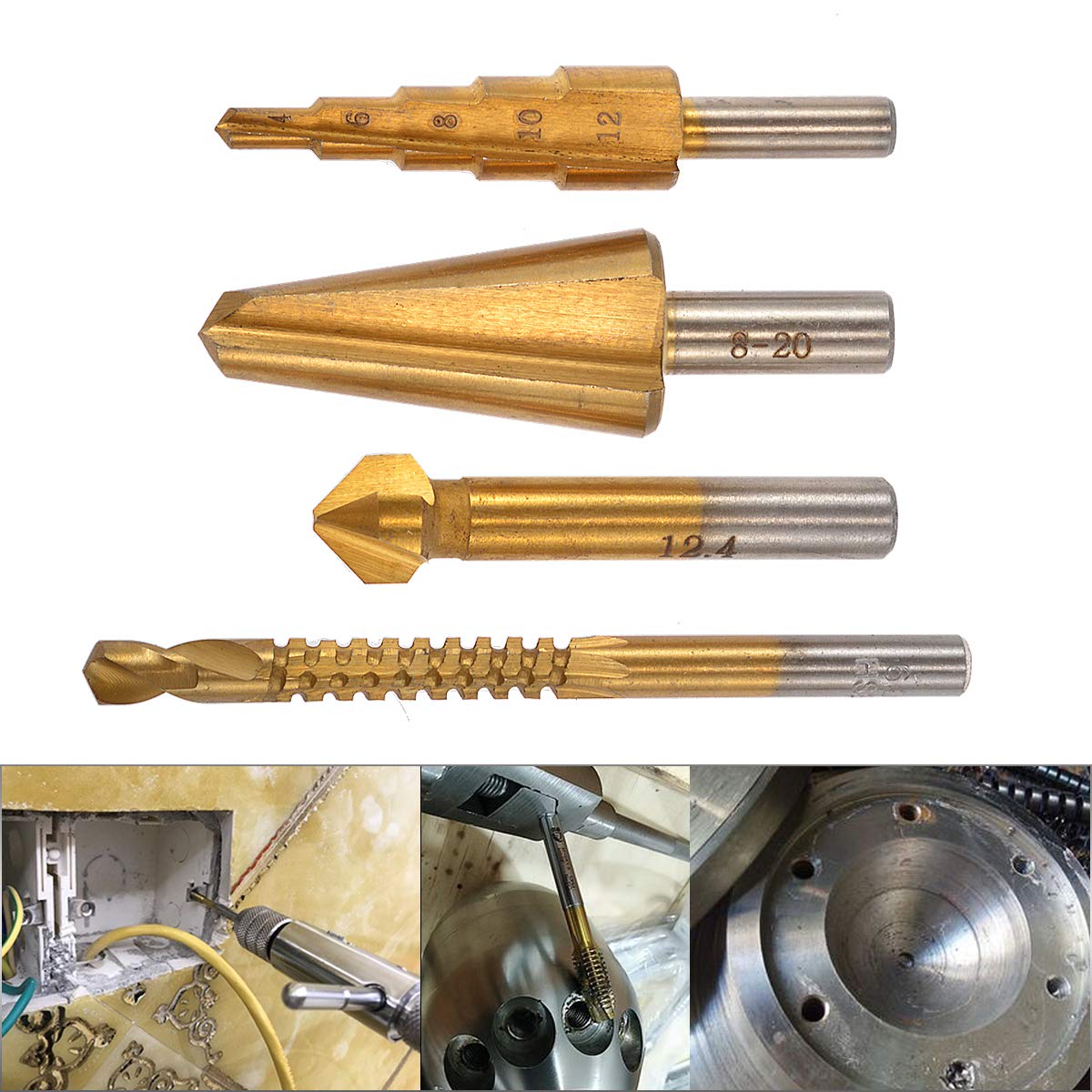 KATUR 4Pcs HSS Titanium Coated Drill Bit Set - 6mm Saw Twist, 4-12mm Step, 8-20mm Umbrella, 12.4mm Chamfering End Mill Cutter (Round Shank) for Metal, Wood, Plastic Drilling | DIY Projects & Professional Use