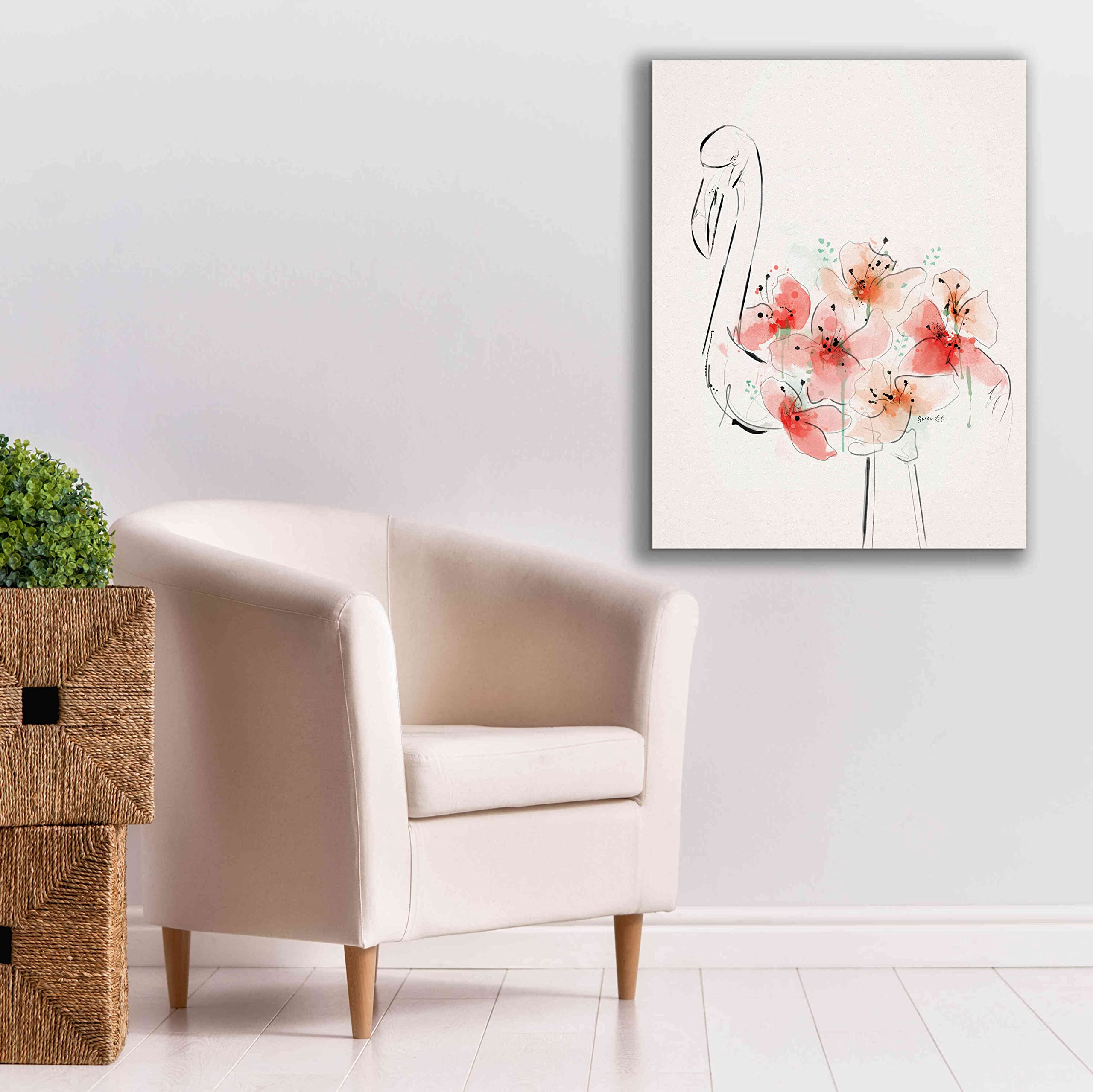 Green Lili Flamingo Flowers Giclee Canvas Wall Art - 26x34 Inches Tropical Home Decor for Living Room, Bedroom & Office