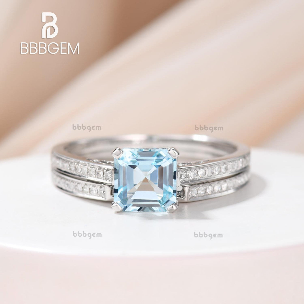 Exquisite Asscher Cut Aquamarine Engagement Ring Set in Solid 14K White Gold | Handmade Diamond Wedding Band & Stackable Ring | 6.5mm March Birthstone Jewelry | Perfect for Proposals, Anniversaries & Special Occasions
